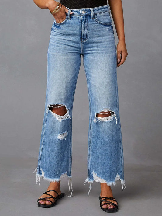 Washed Ripped High Waisted Pants Wide Leg Jeans