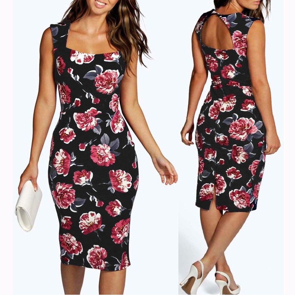 Vintage Floral Print Cocktail Bodycon Pencil Dress