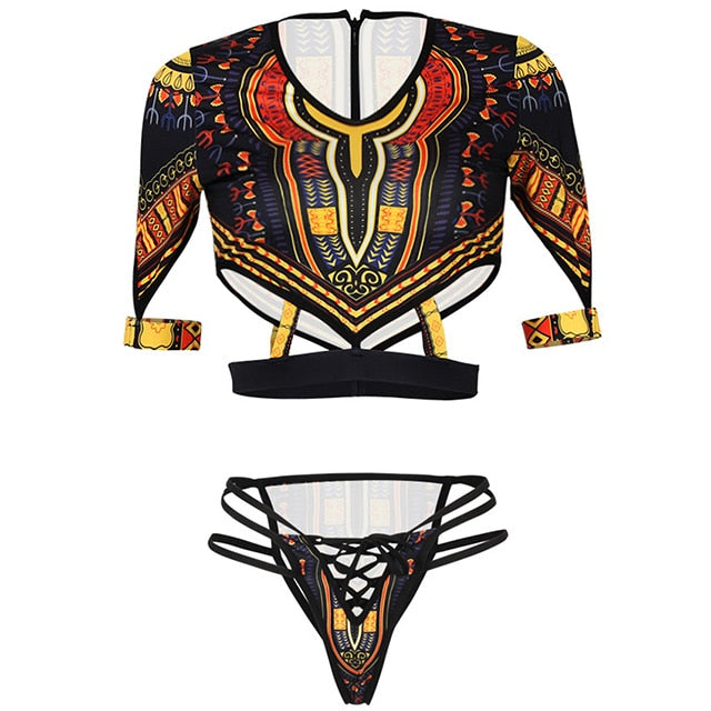 Short Sleeve Swimsuit Dashiki Print Bikini Set Bikinis Women Thong Swimwear Female Plus Size Swimsuits Bathing Suit