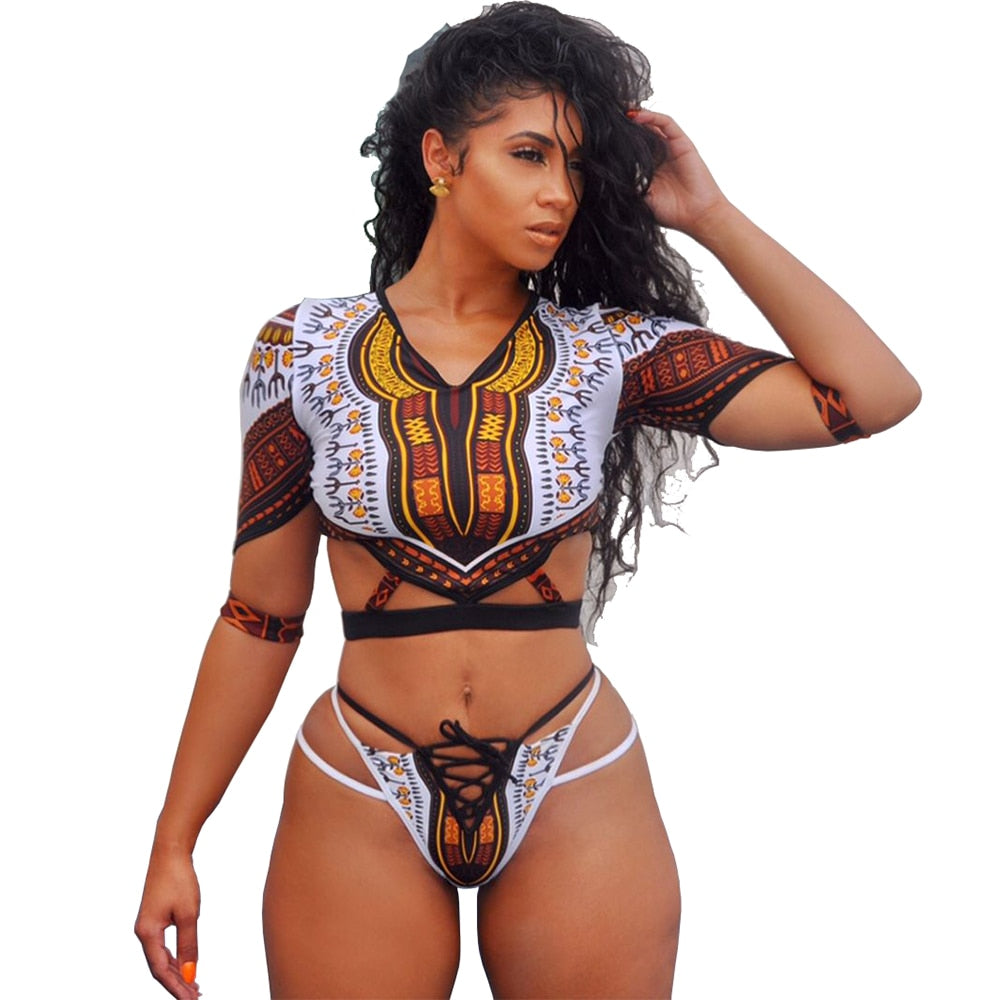 Short Sleeve Swimsuit Dashiki Print Bikini Set Bikinis Women Thong Swimwear Female Plus Size Swimsuits Bathing Suit