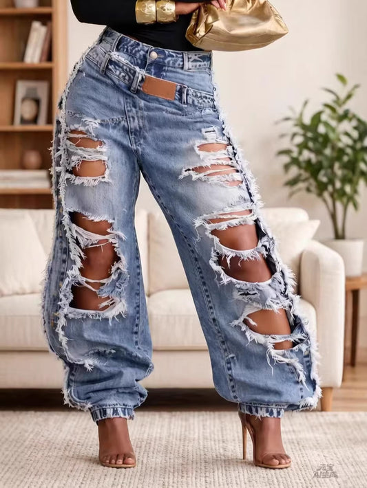 High-Waisted Ripped Denim Wide-Leg Pants