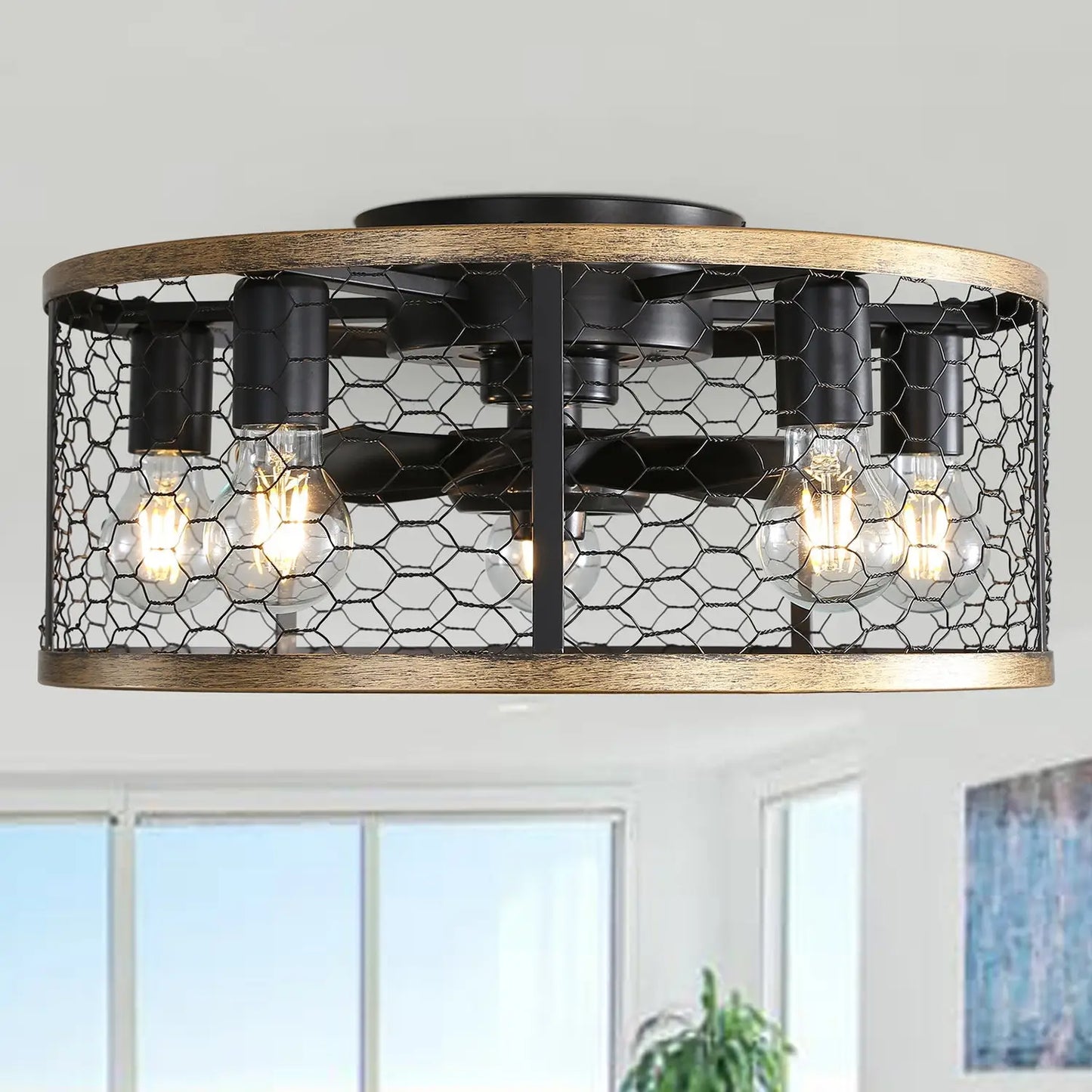 20 Inch Metallic Ceiling Fan with Light Flush Mount and Remote
