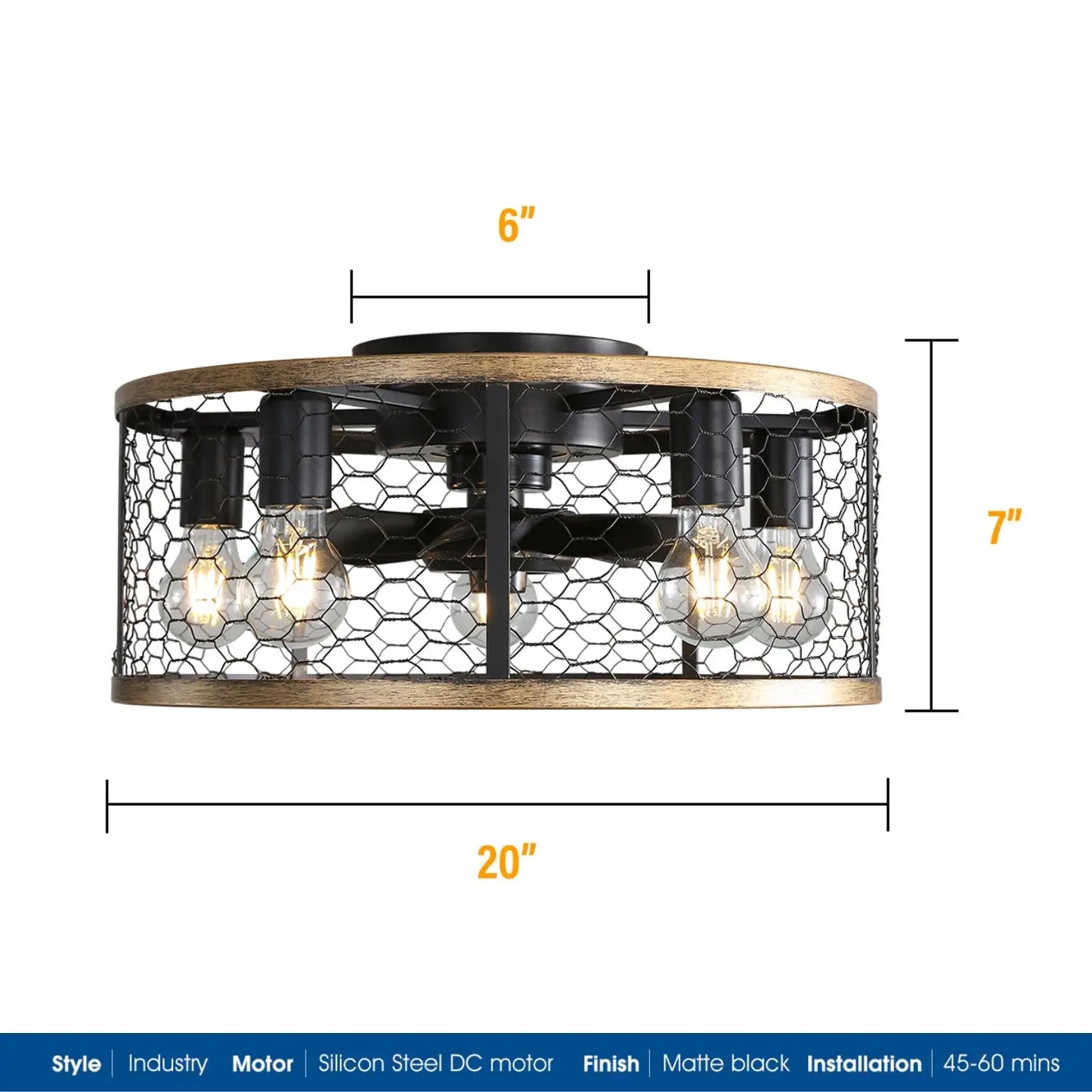 20 Inch Metallic Ceiling Fan with Light Flush Mount and Remote