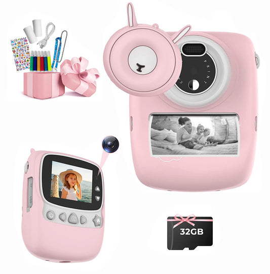 Childrens Digital Camera with Printing Sheet, with 32G TF Card, with Color Pens and Photo Holder (Pink)