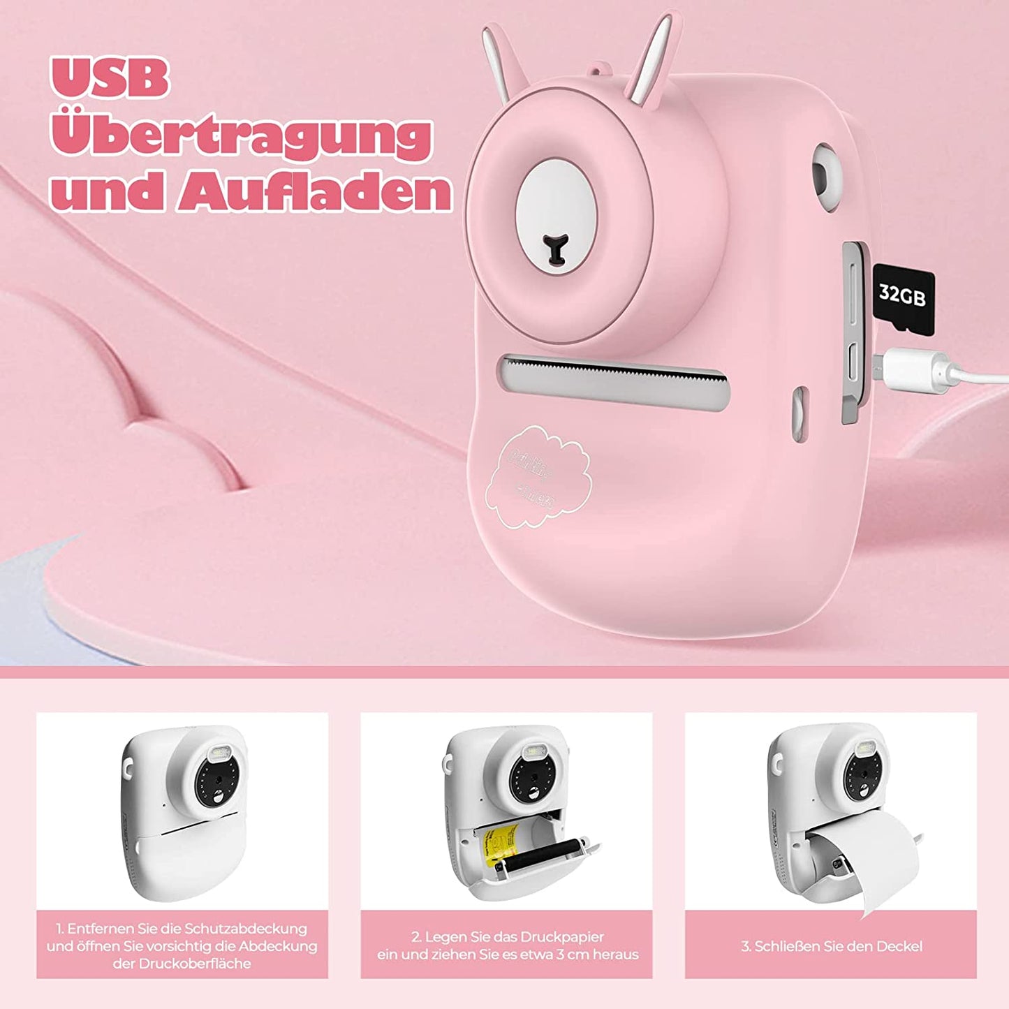 Childrens Digital Camera with Printing Sheet, with 32G TF Card, with Color Pens and Photo Holder (Pink)