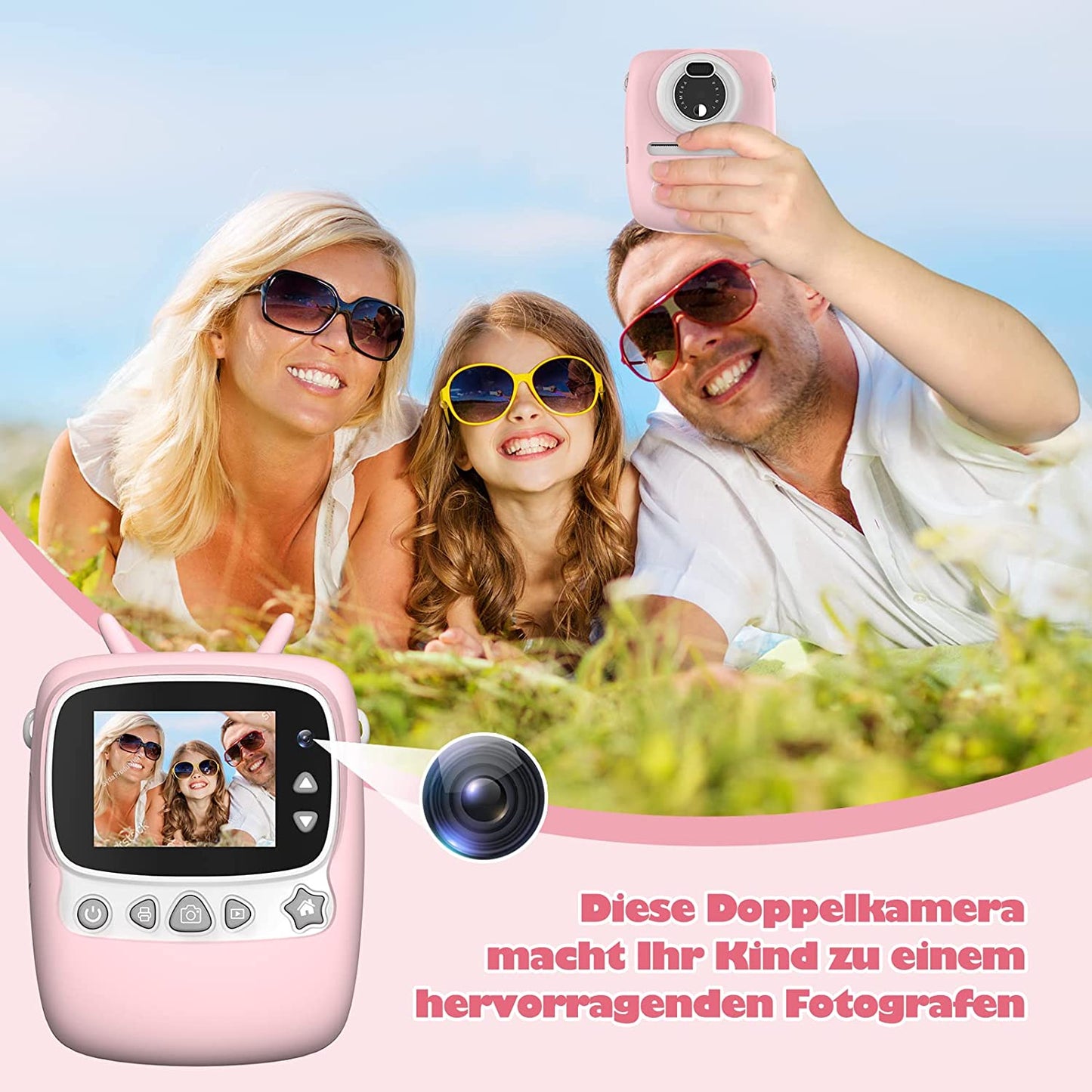 Childrens Digital Camera with Printing Sheet, with 32G TF Card, with Color Pens and Photo Holder (Pink)