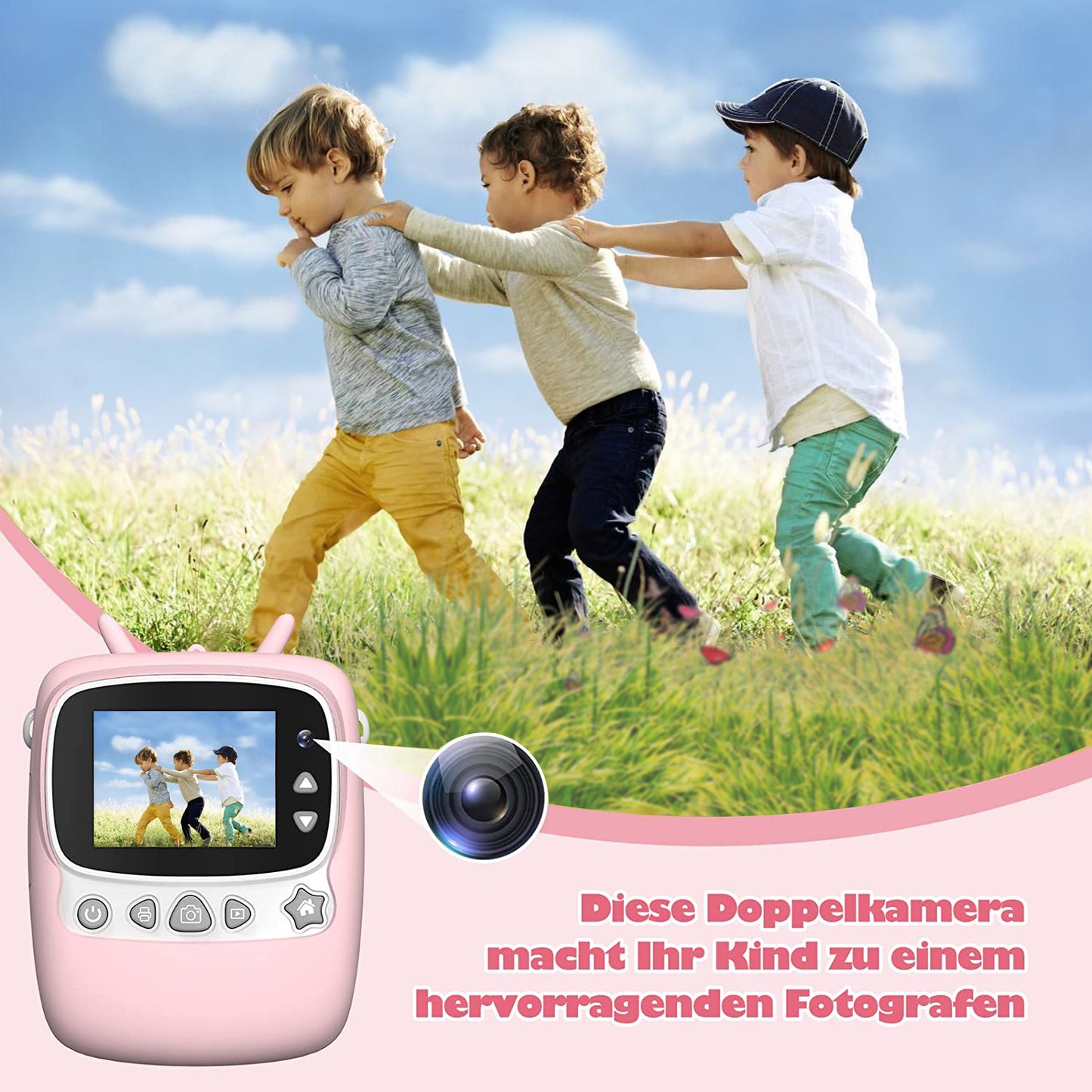 Childrens Digital Camera with Printing Sheet, with 32G TF Card, with Color Pens and Photo Holder (Pink)