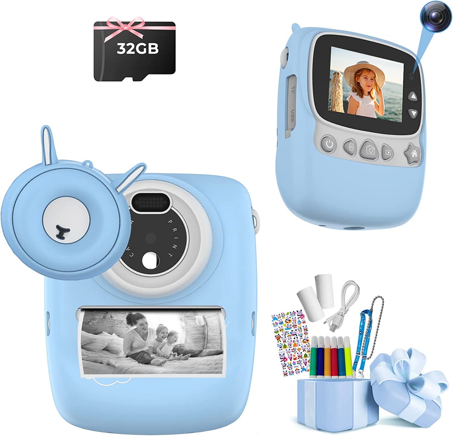 Childrens Camera, 30MP Instant WiFi 1080P Digital 2.4 inch with 32GB TF Card, (Powder Blue)