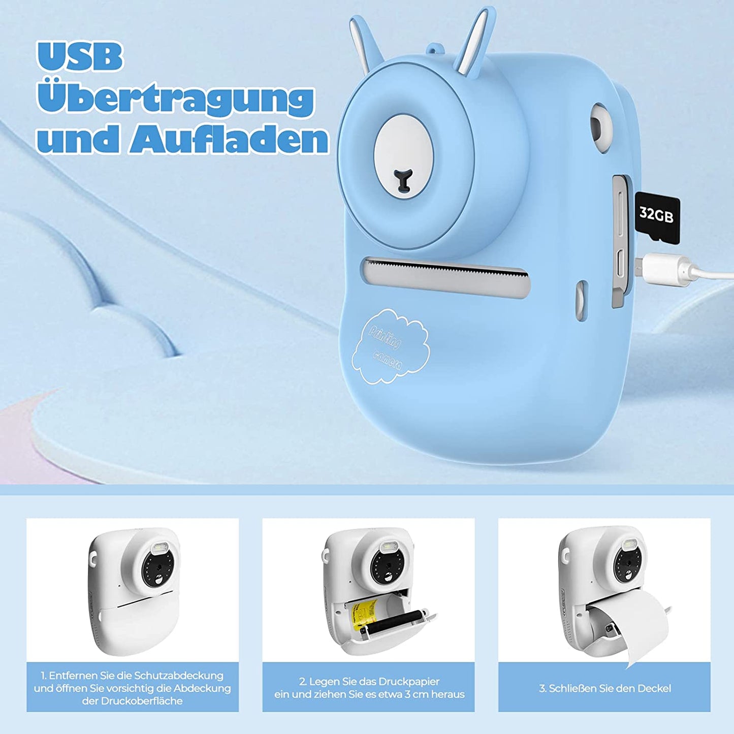 Childrens Camera, 30MP Instant WiFi 1080P Digital 2.4 inch with 32GB TF Card, (Powder Blue)