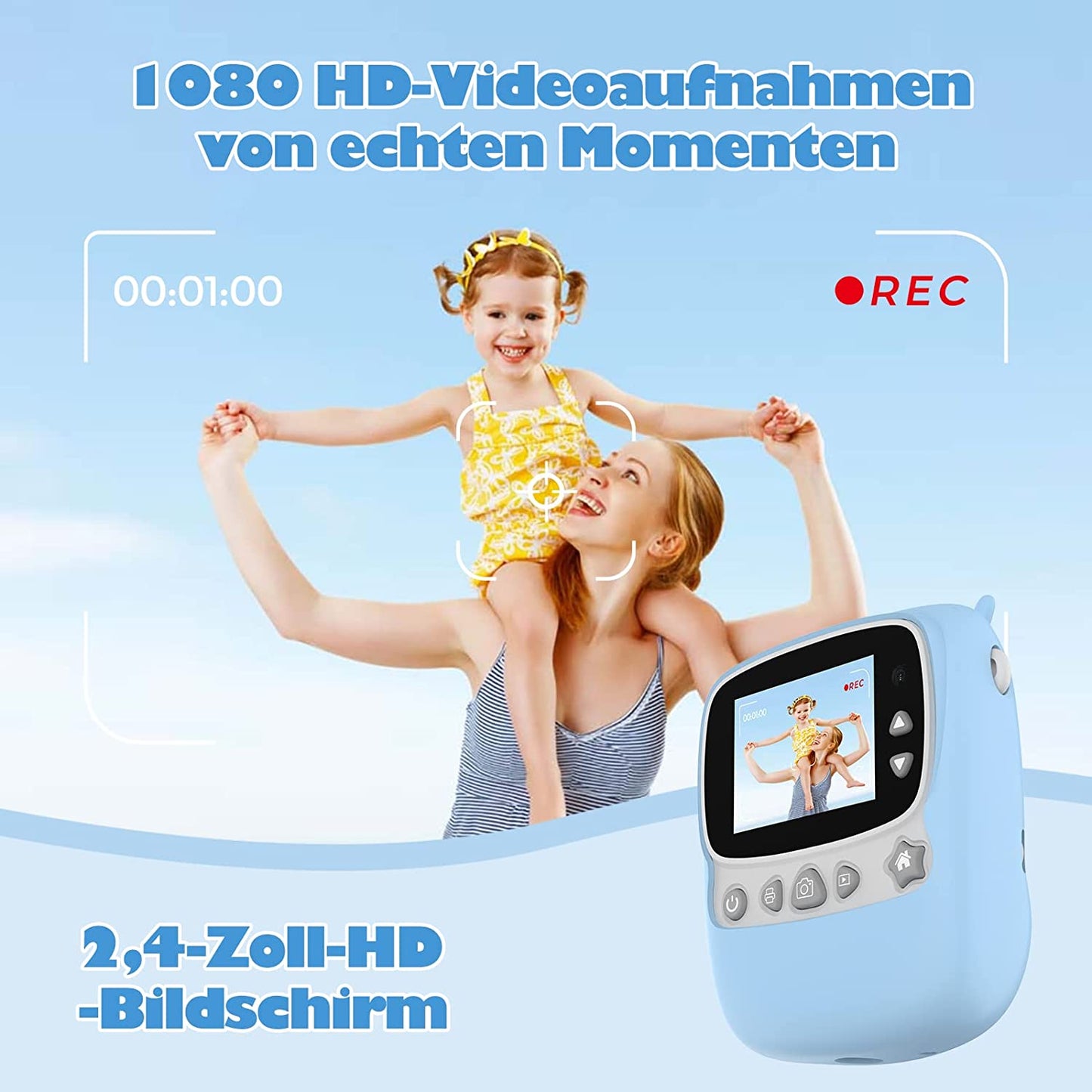 Childrens Camera, 30MP Instant WiFi 1080P Digital 2.4 inch with 32GB TF Card, (Powder Blue)
