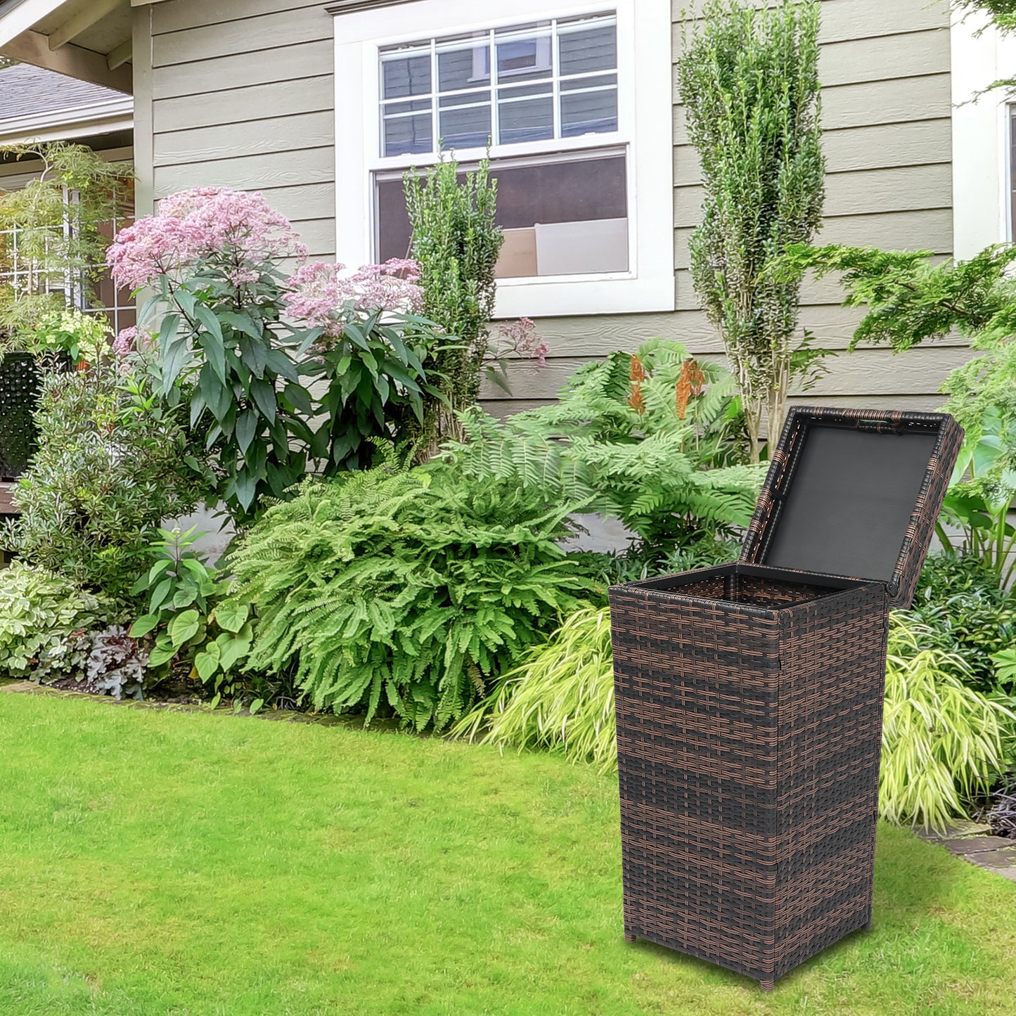 Iron Frame Rattan Trash Can - Brown