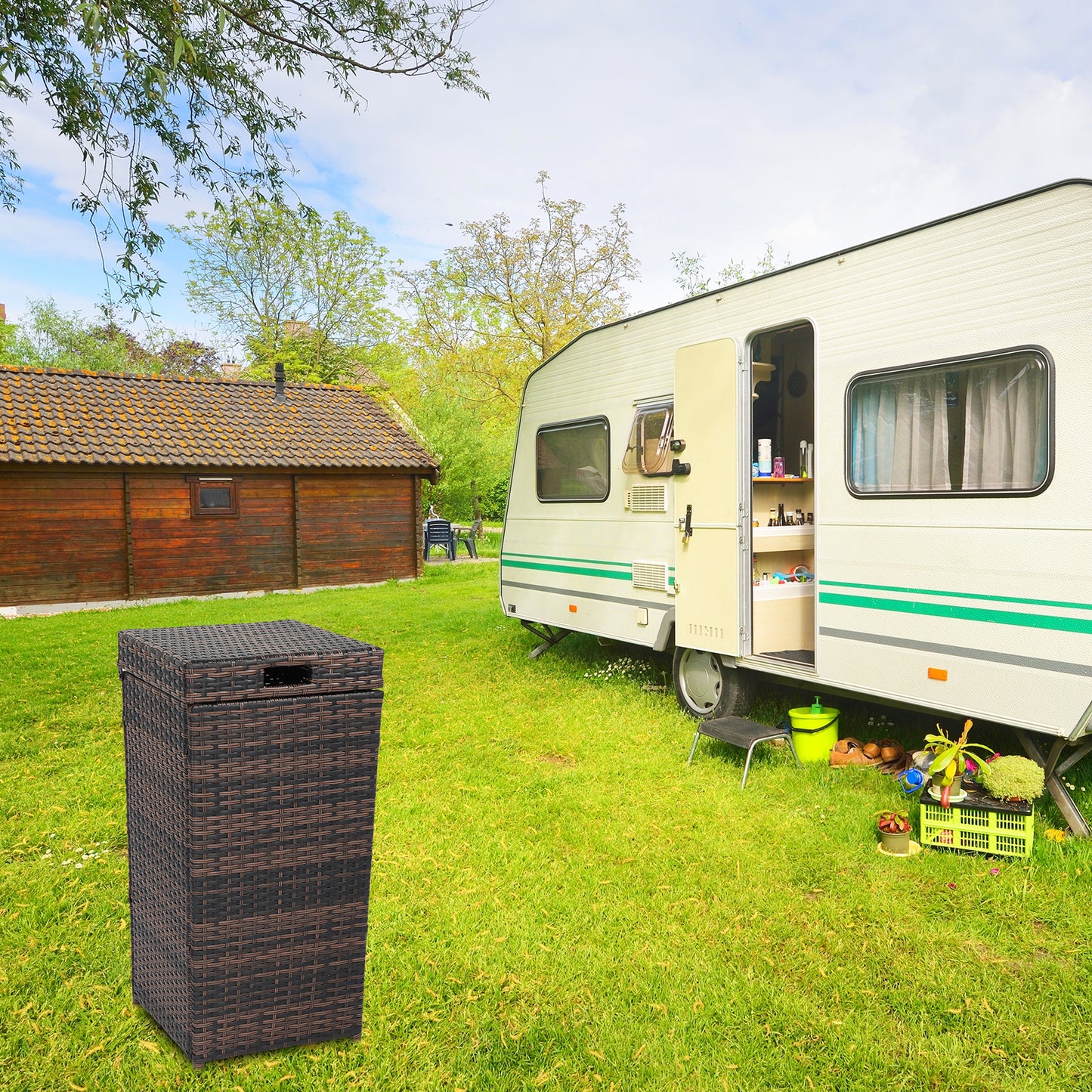 Iron Frame Rattan Trash Can - Brown