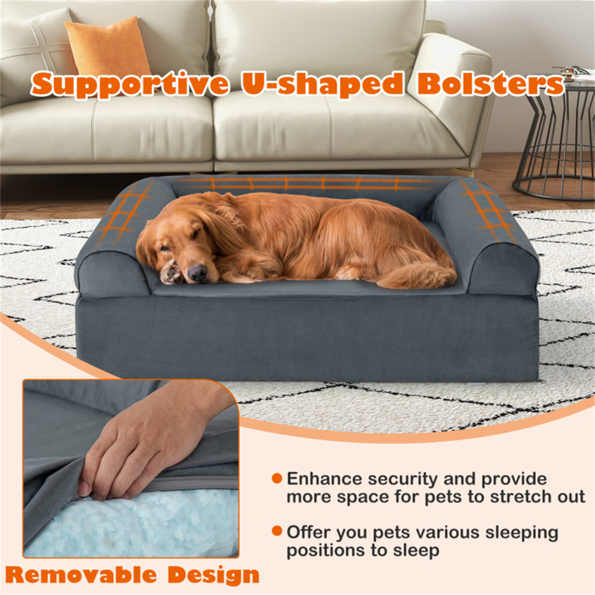 40" Orthopedic Dog Sofa Dog Bed Memory Foam Pet Bed Pet Sofa with Headrest for Large Dogs