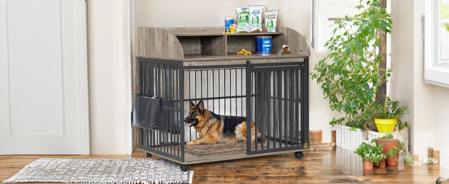 44'' Heavy Duty Large Dog Crate Furniture for Large Medium Dog with Lockable Wheels, Wooden Dog Crate Dog Kennel, End Table Crate with Double layer storage, Gray