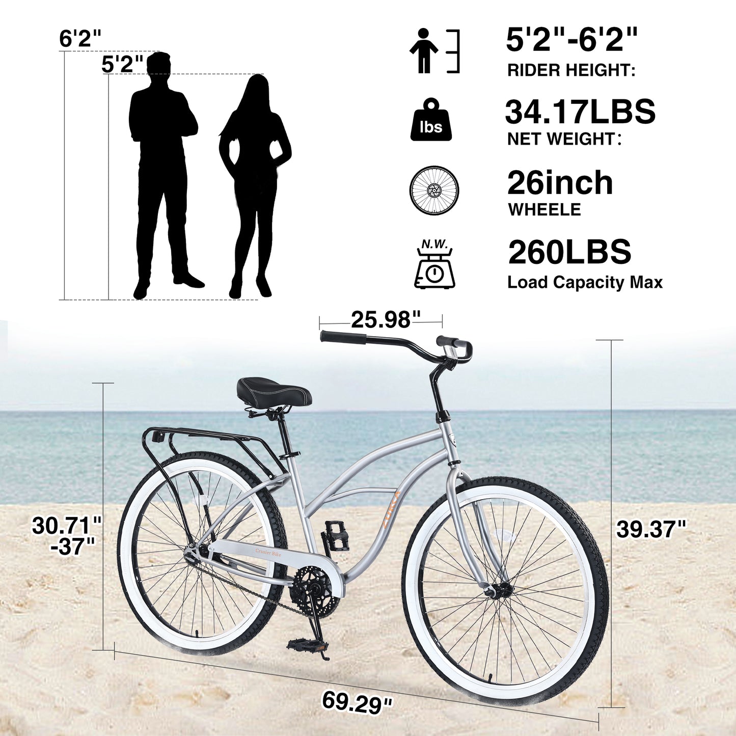 Single Speed Bicycles 26"Inch, Steel Frame, Wide Wheels for Stability, Rear Coaster Brakes,Multiple Colors Beach Cruiser Bike