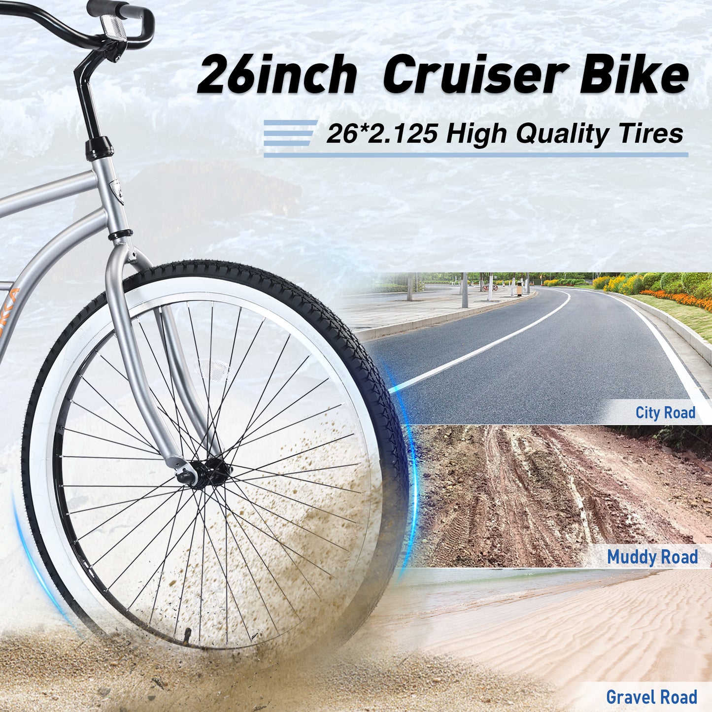 Single Speed Bicycles 26"Inch, Steel Frame, Wide Wheels for Stability, Rear Coaster Brakes,Multiple Colors Beach Cruiser Bike