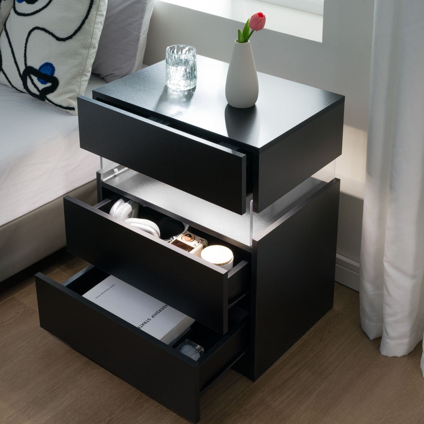 Nightstands 3 Drawer Dresser for Bedroom End Table with Acrylic Board LED Bedside Tables for Bedroom Living Room Bedside Furniture (Black)