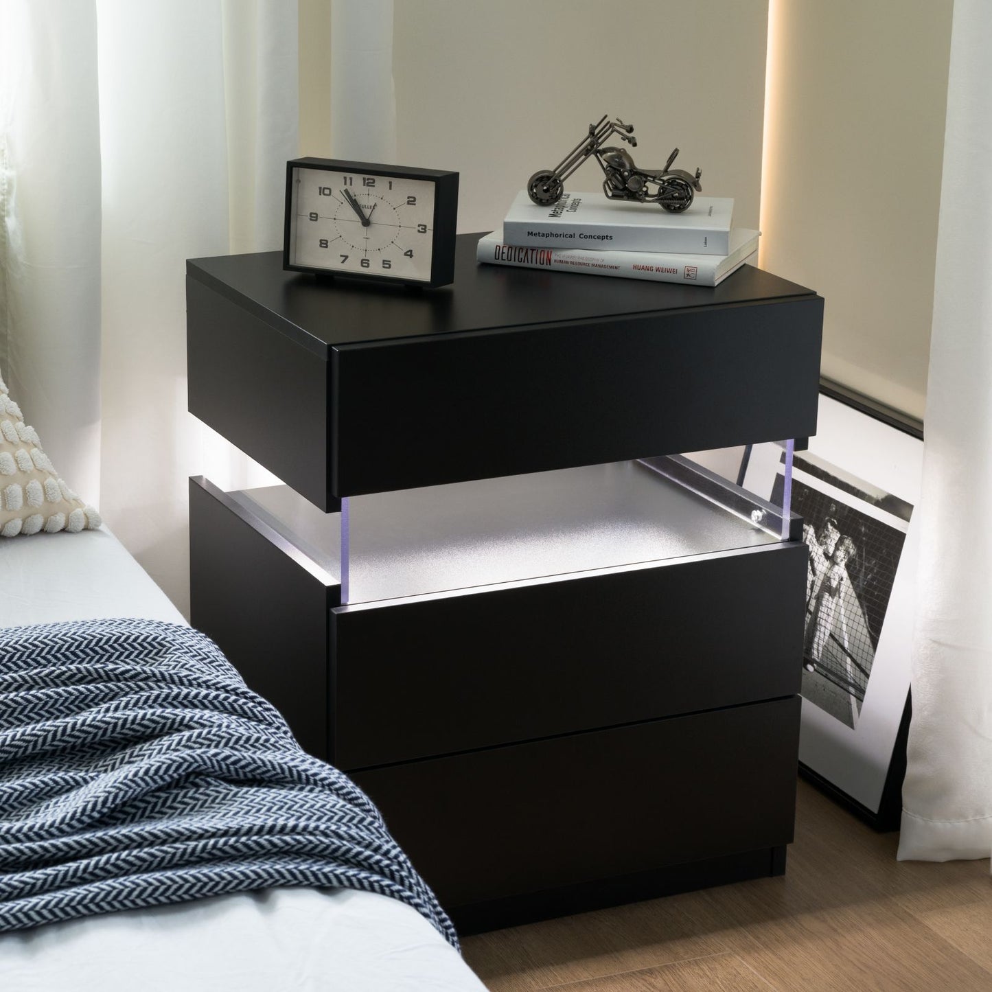 Nightstands 3 Drawer Dresser for Bedroom End Table with Acrylic Board LED Bedside Tables for Bedroom Living Room Bedside Furniture (Black)