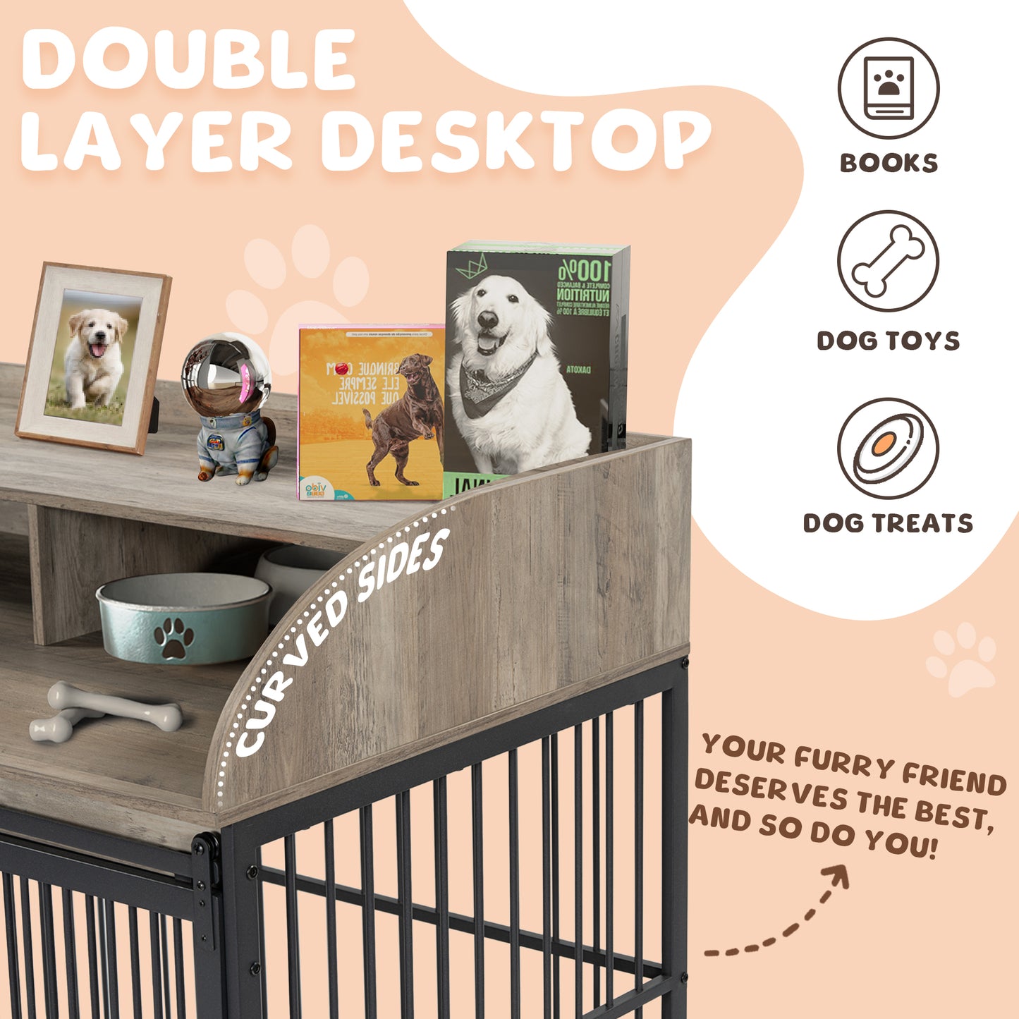 44'' Heavy Duty Large Dog Crate Furniture for Large Medium Dog with Lockable Wheels, Wooden Dog Crate Dog Kennel, End Table Crate with Double layer storage, Gray