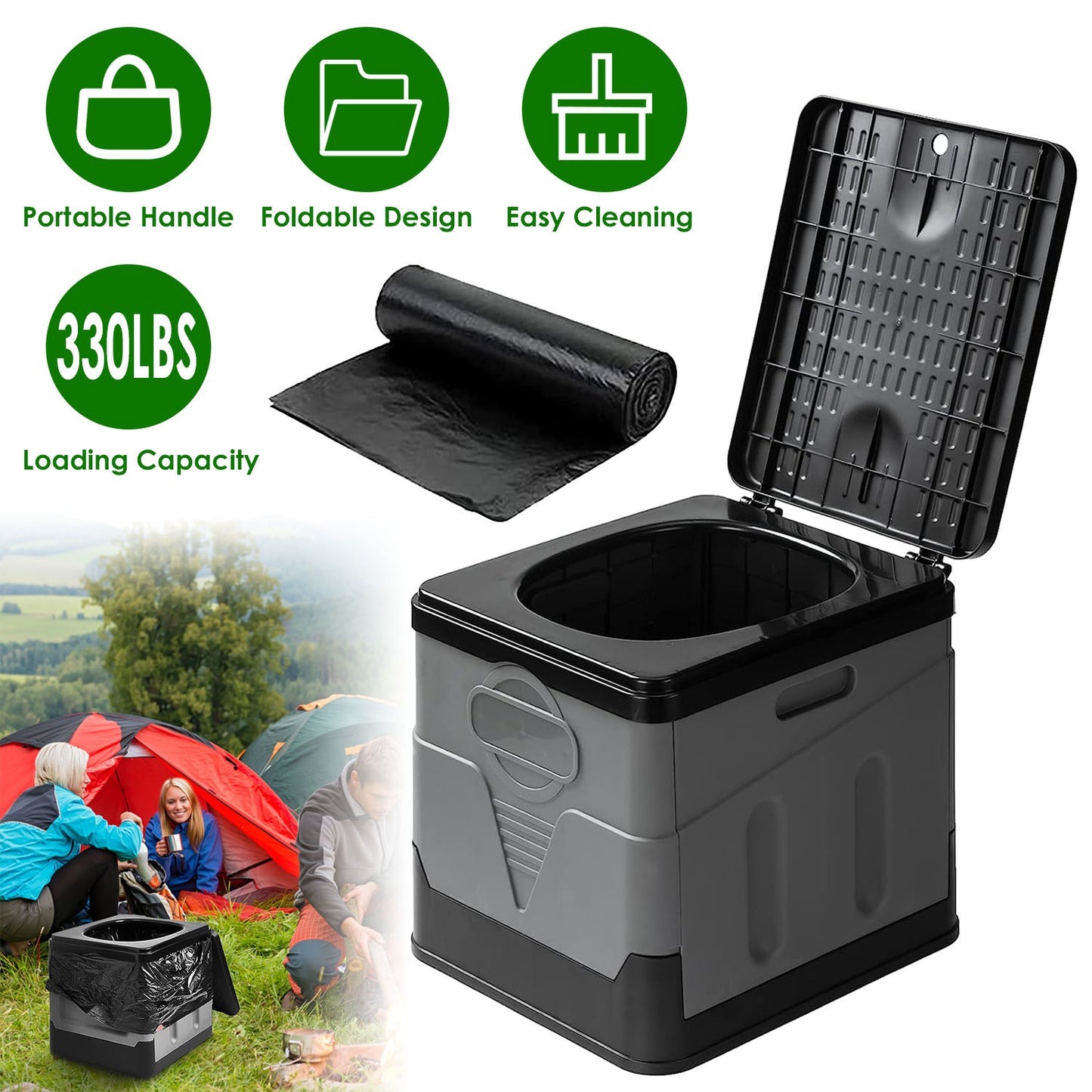 Portable Toilet with Carry Bag Foldable with Lid Trash Bags Camping Toilet Foldable