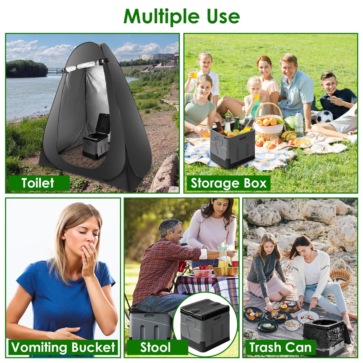 Portable Toilet with Carry Bag Foldable with Lid Trash Bags Camping Toilet Foldable