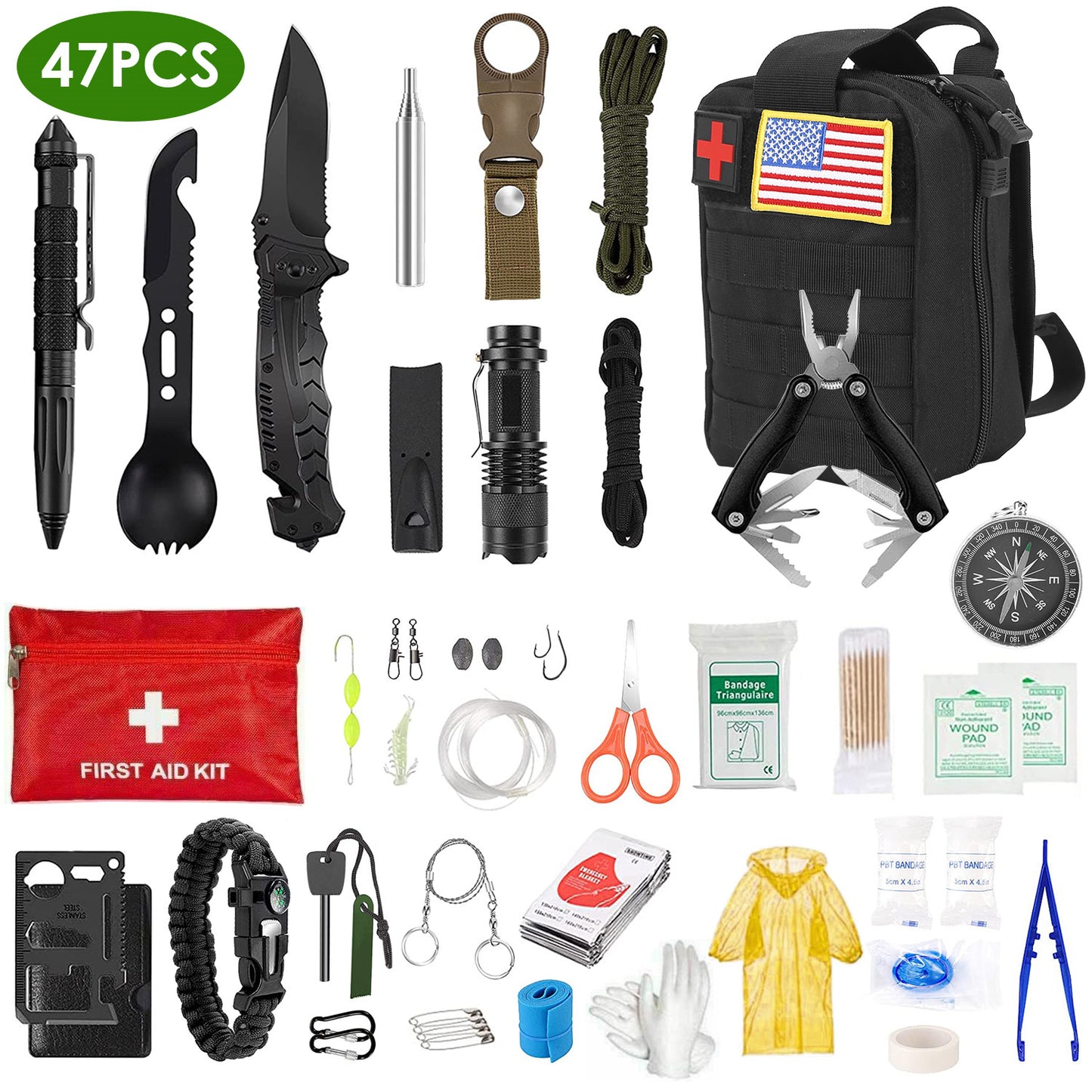 47 in 1 Survival Kits, Gifts for Men, Professional Survival Gear Equipment Tools First Aid Supplies for SOS Emergency Tactical Hiking Hunting Disaster Camping Adventures