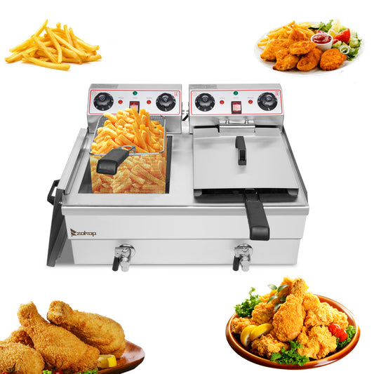 16.9QT / 16L Total Capacity 24.9QT/23.6L Stainless Steel Faucet Double Tank Deep Fryer 3400W MAX (8L 8L Big Blue/Large Handle)