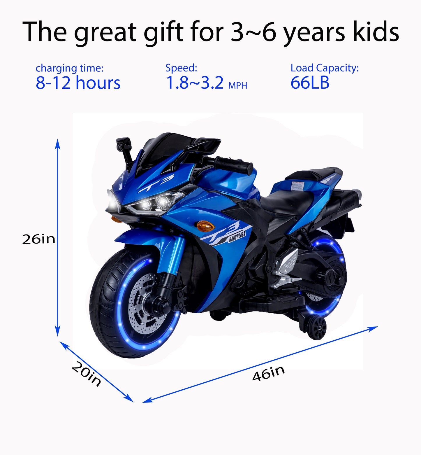 Motorcycle, 12V - 3 4 5 6 years Boys Girls  12v7ah Kids Motorcycle ride on toy with Training  Wheels/manual throttle/ drive by hand /Lighting  wheels