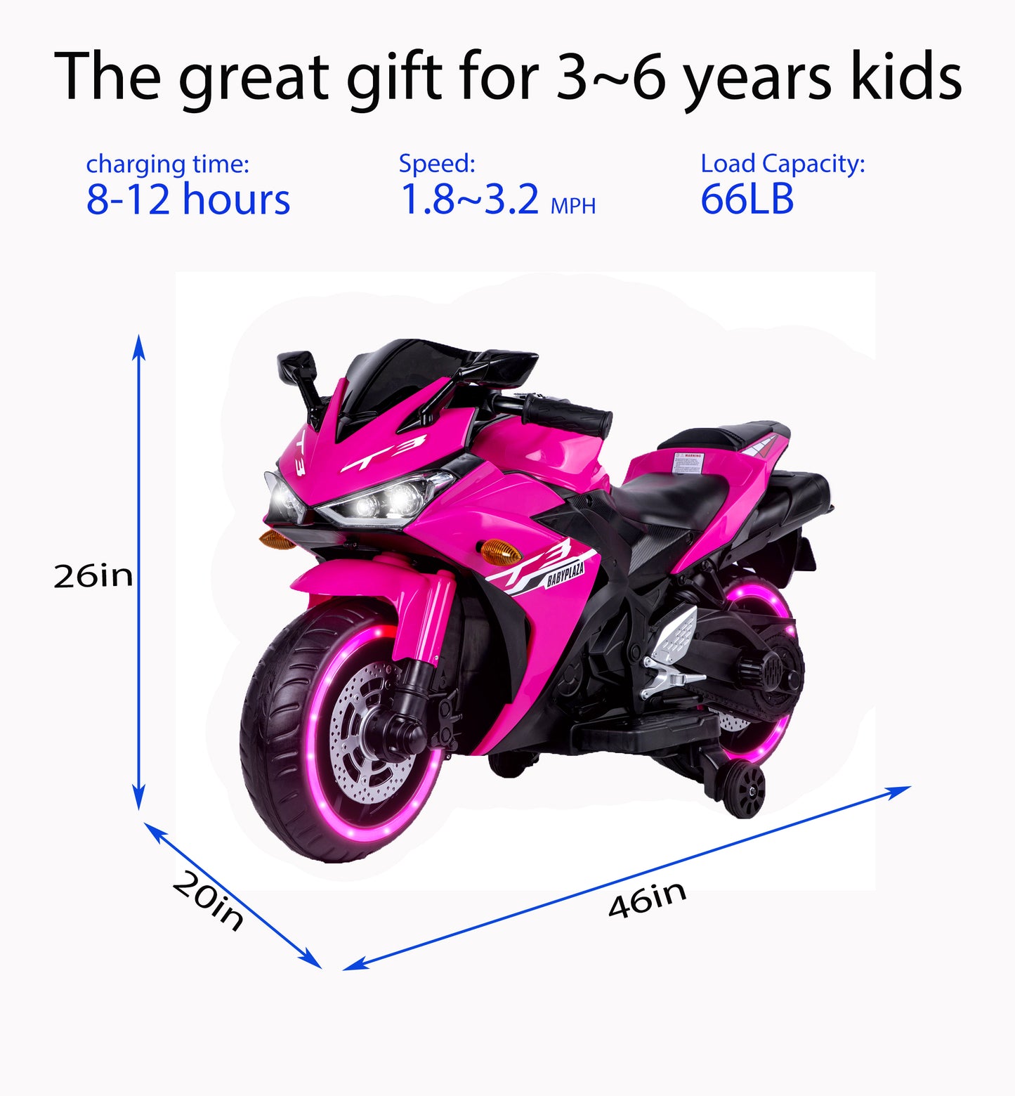 Kids motorcycle, 12V Motorcycle for - 3 4 5 6 years Boys Girls  12v7ah Kids Motorcycle ride on toy with Training  Wheels/manual throttle/ drive by hand /Lighting  wheels