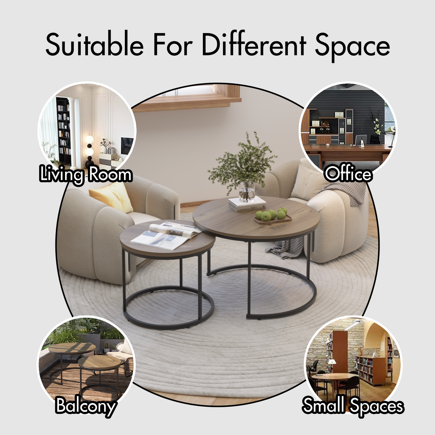 Coffee Table Set of 2, 27.6inch Round Coffee Table Industrial Wood Finish with Sturdy Metal Frame, End Table Side Tables for Living Room Bedroom Balcony Yard (Brown)