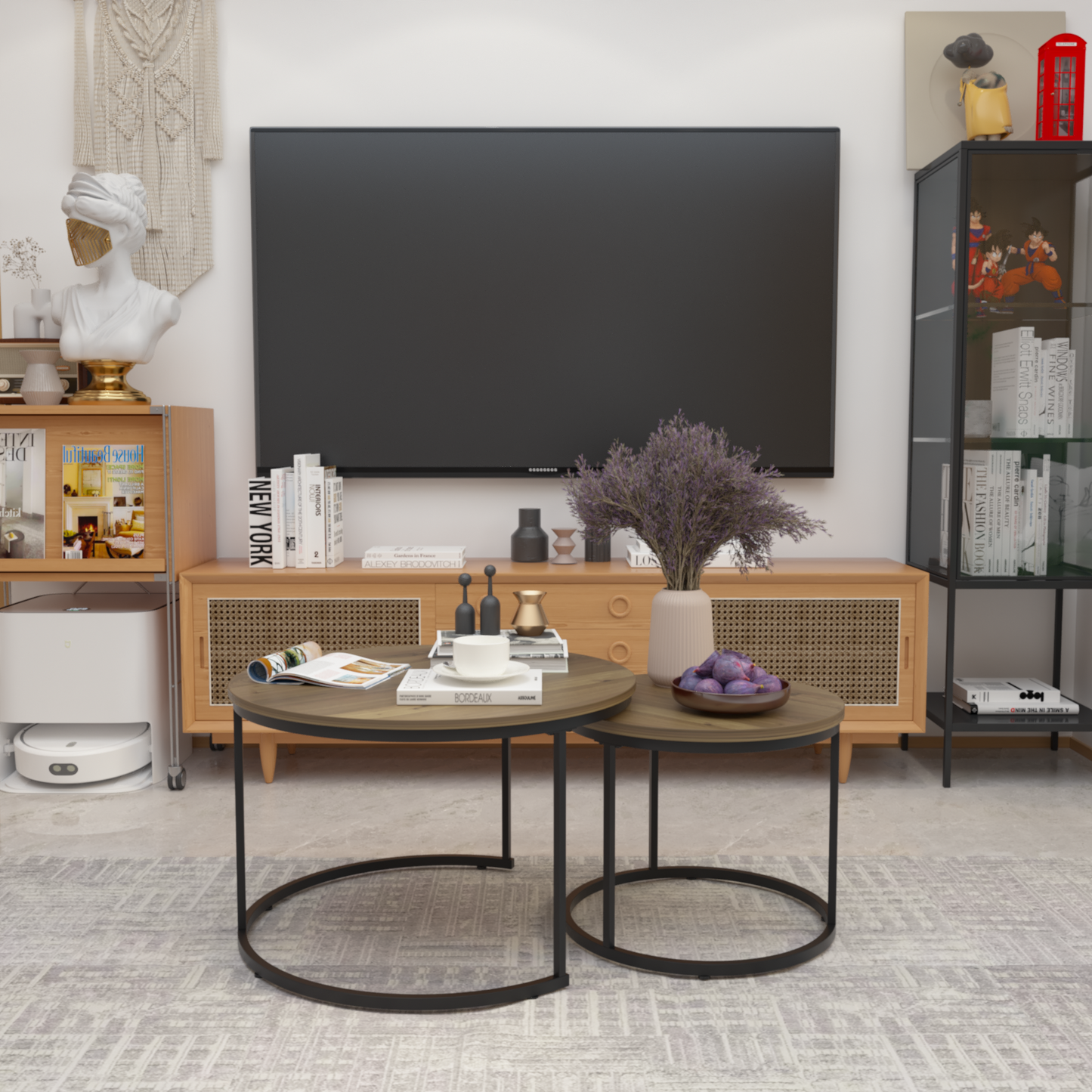 Coffee Table Set of 2, 27.6inch Round Coffee Table Industrial Wood Finish with Sturdy Metal Frame, End Table Side Tables for Living Room Bedroom Balcony Yard (Brown)