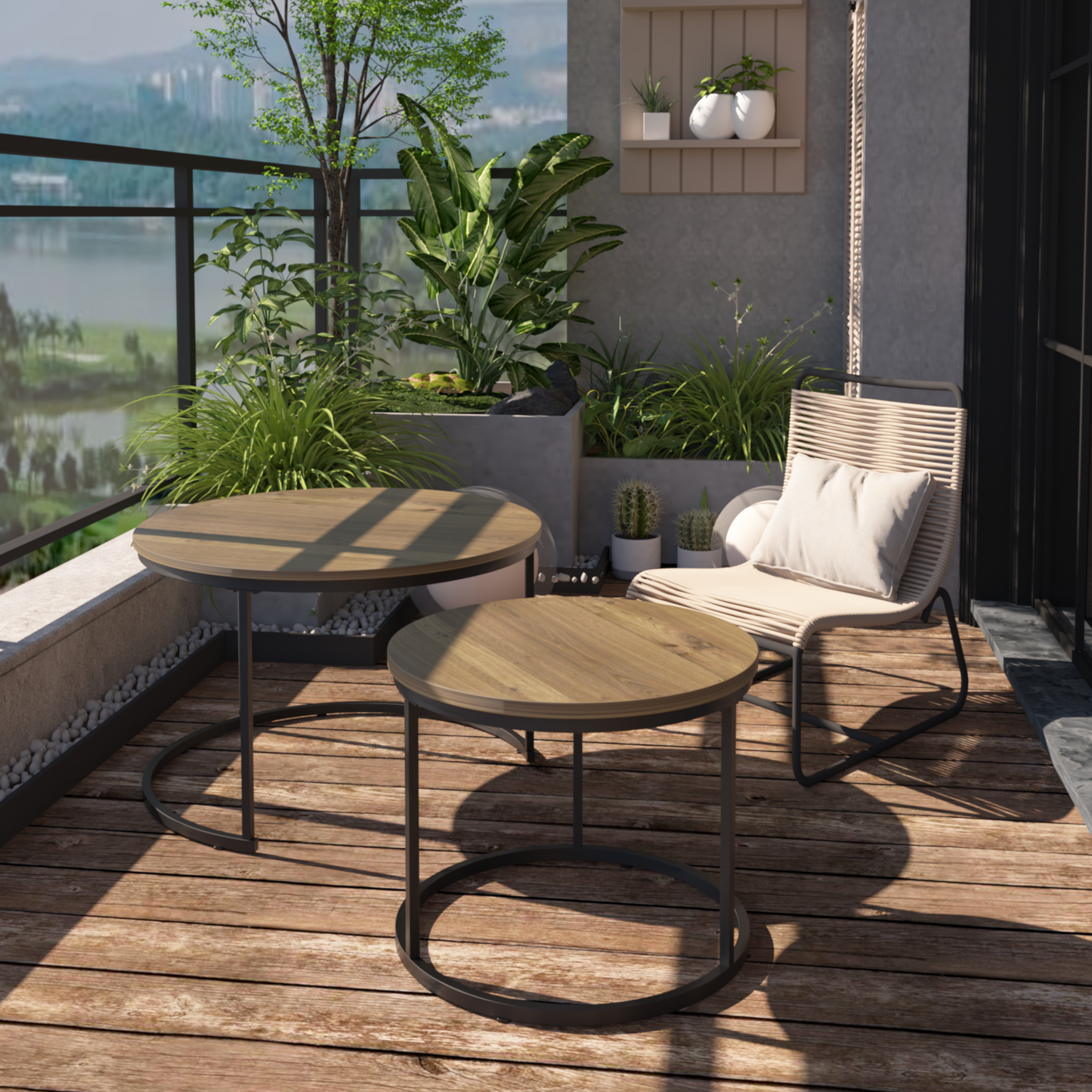 Coffee Table Set of 2, 27.6inch Round Coffee Table Industrial Wood Finish with Sturdy Metal Frame, End Table Side Tables for Living Room Bedroom Balcony Yard (Brown)