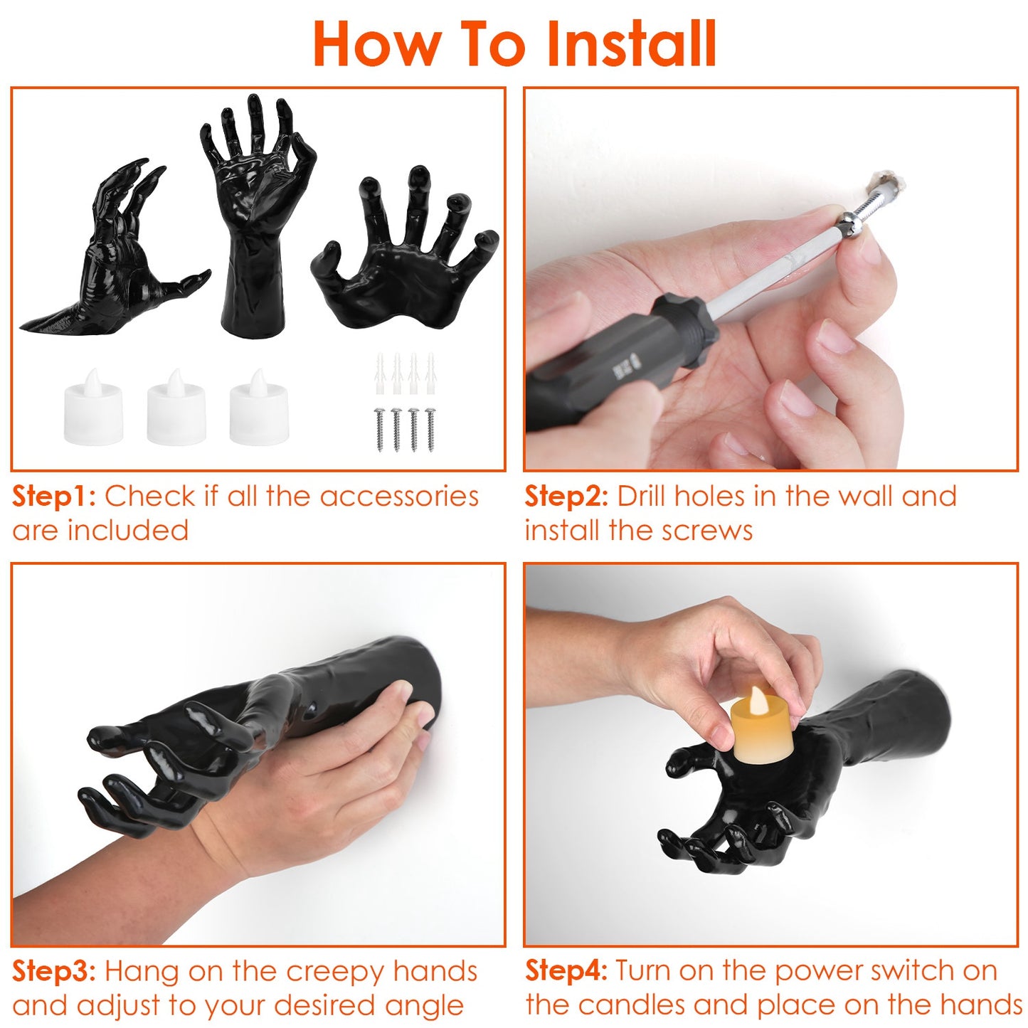 3Pcs Creepy Reaching Hands With Lighted Candles Wall Mounted Decoration Witch Devil Hand Aesthetic Goth Gothic Life-Sized Horror Sculptures