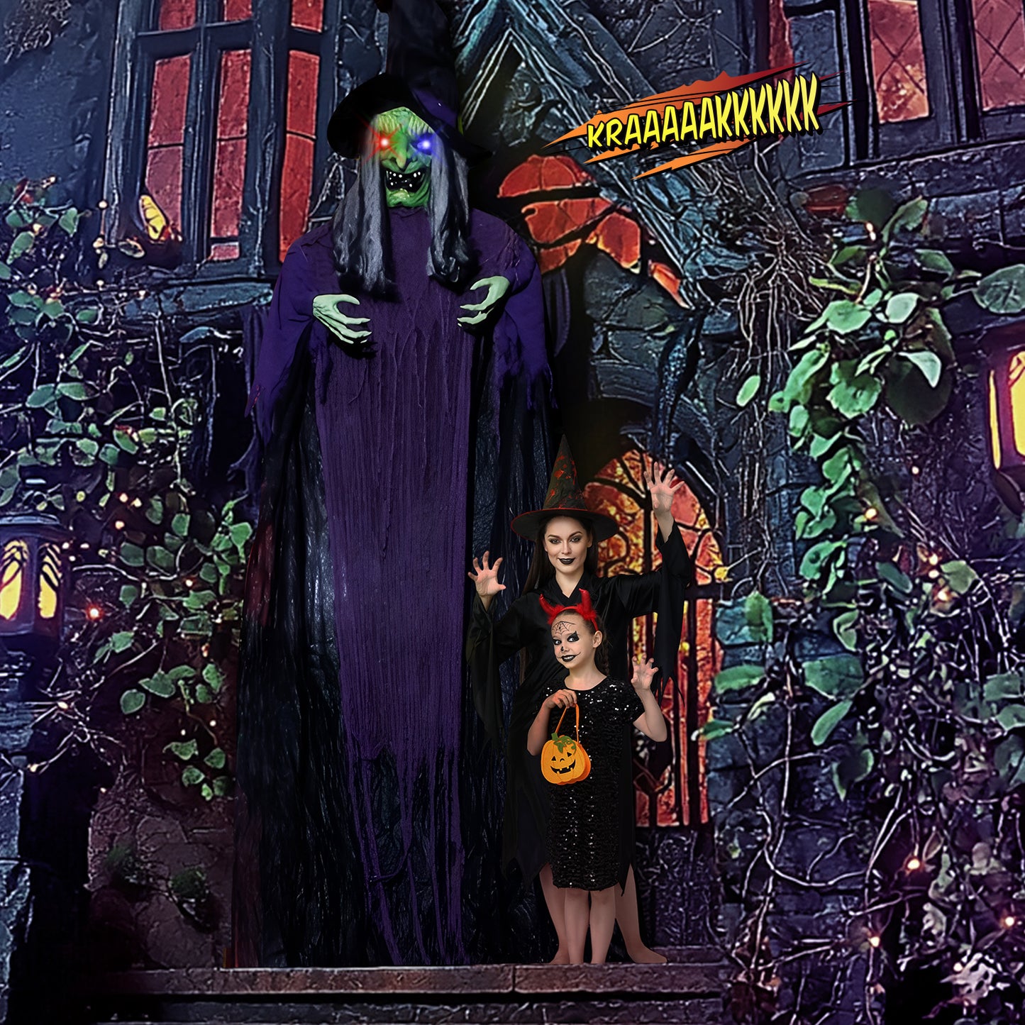 11.8ft. Life Size Hanging Witch Talking Hanging Decoration