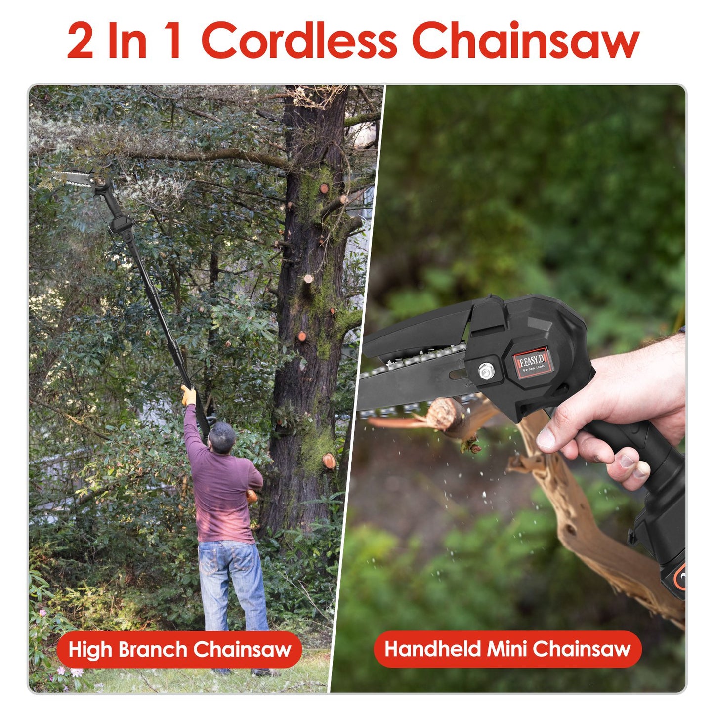 2-in-1 Cordless Pole Saw, Brushless Mini Chainsaw Cordless with Pole, 2 Pack 21500mAh Batteries Powered Pole Saws for Tree Trimming, 13ft Reach Electric Saw for Trees With Pole
