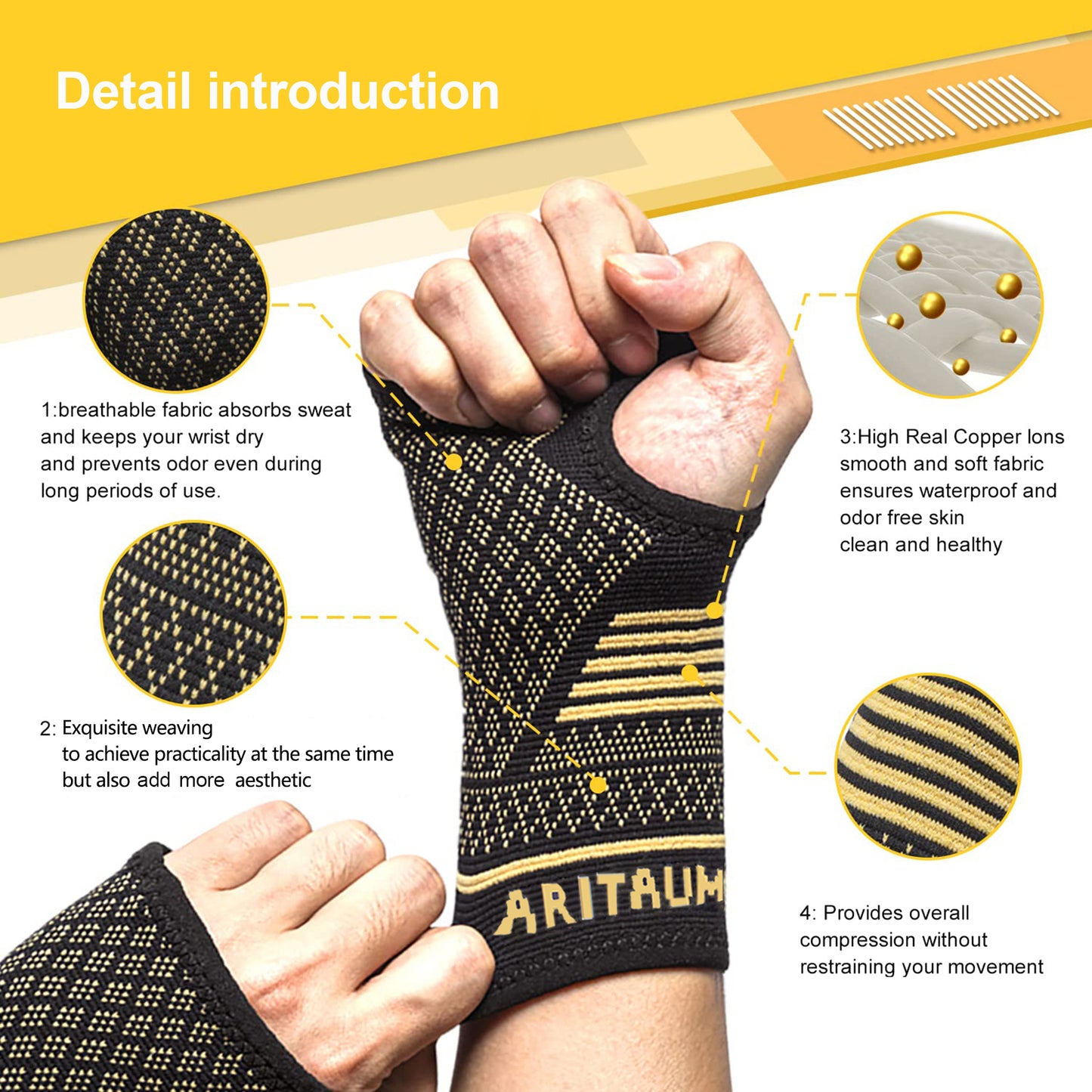 Copper palm protection gloves, weight lifting gloves, with wrist protection, full palm protection, suitable for gym training, fitness, weight lifting