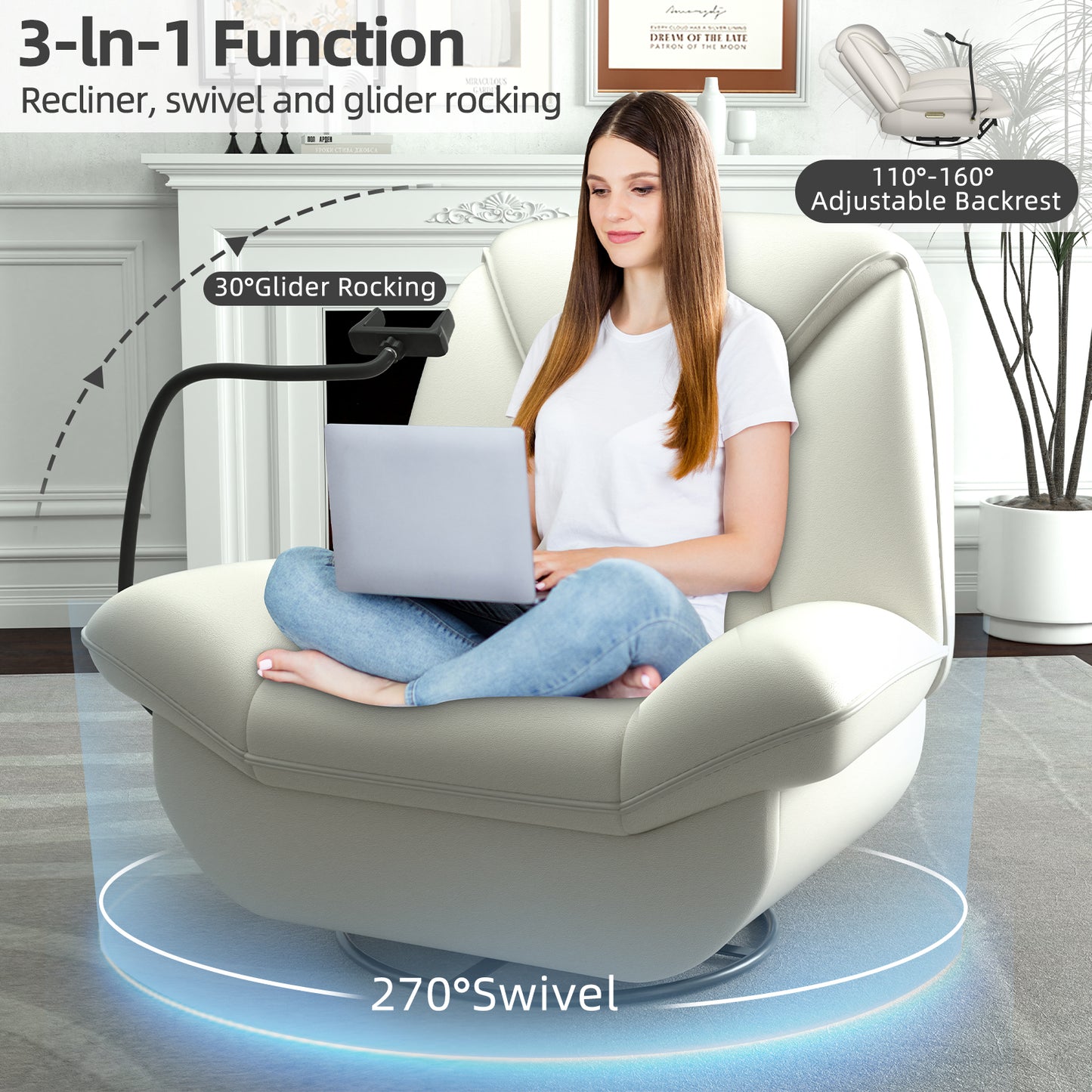 Oversized Power Recliner Chair,270°Swivel Glider Recliner for Nursery, Electric Recliner Sofa with Voice Control, Smart Rocker Chair with Phone Holder, Living Room ((Beige))