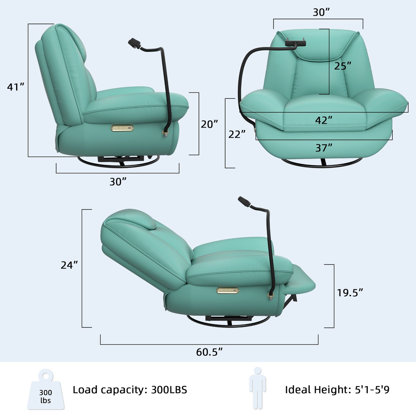 Oversized Power Recliner Chair,270°Swivel Glider Recliner for Nursery, Electric Recliner Sofa with Voice Control, Smart Rocker Chair with Phone Holder, Living Room (Mint)