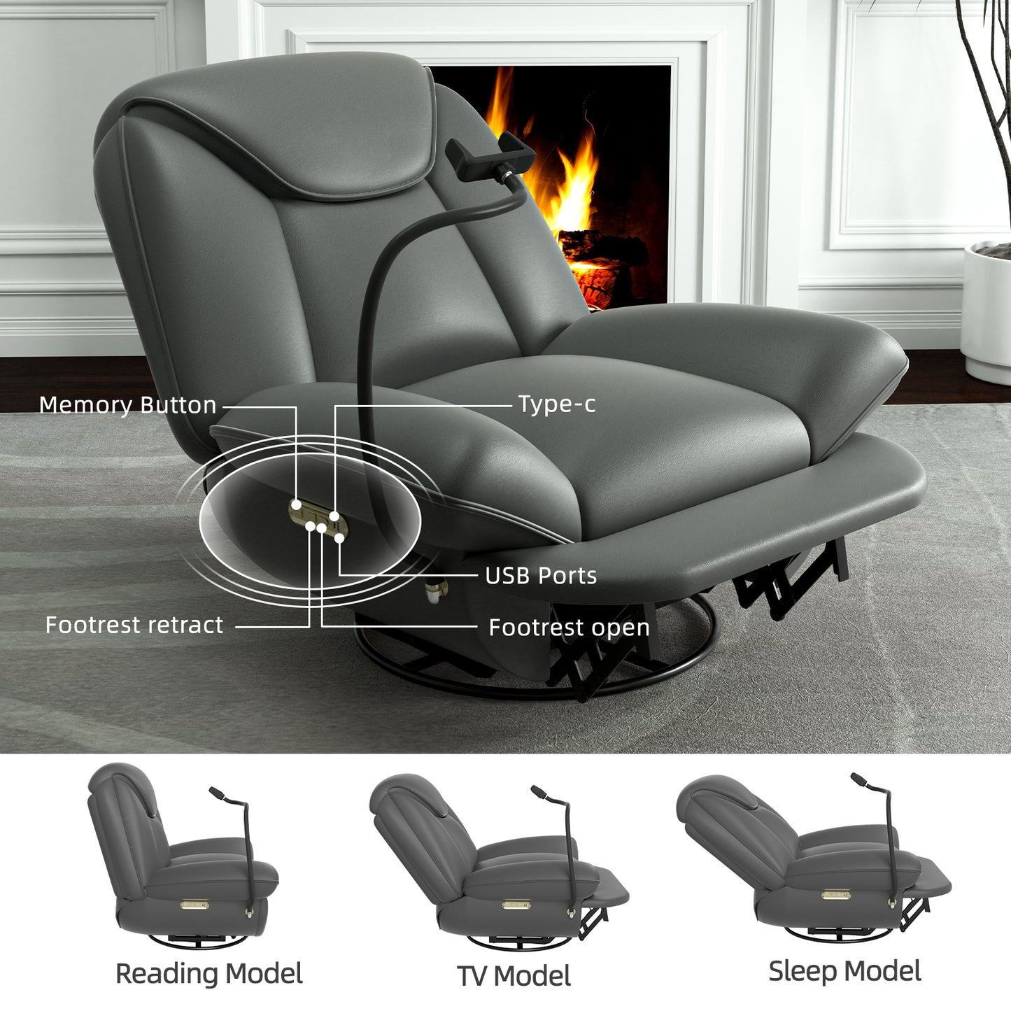 Oversized Power Recliner Chair,270°Swivel Glider Recliner for Nursery, Electric Recliner Sofa with Voice Control, Smart Rocker Chair with Phone Holder, Living Room (Dark Gray)