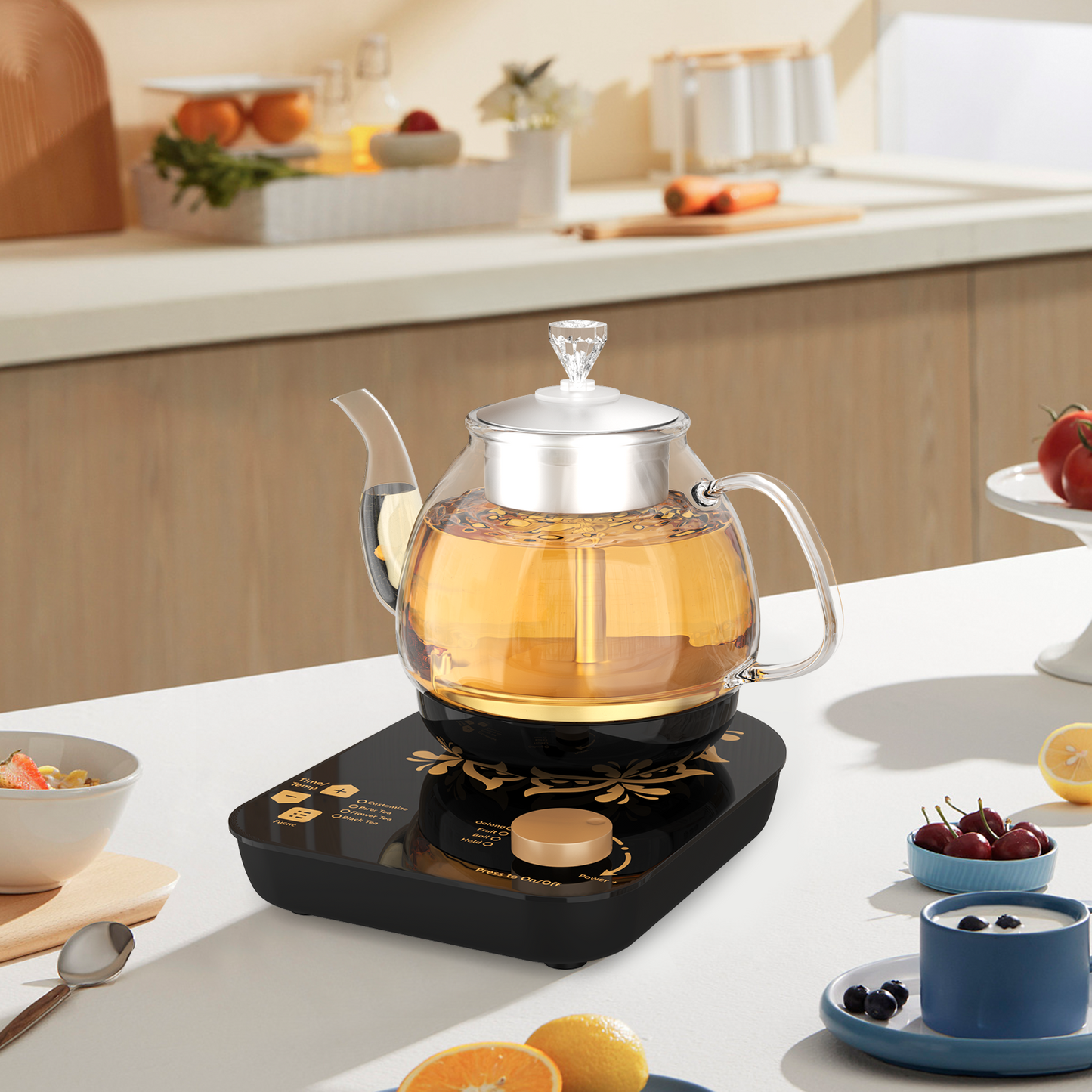 Tea Maker Electric Glass Kettle，Dual Methods of Steaming and Brewing with Temperature and Timer Programs，Cordless 800W 0.8 Liters capacity