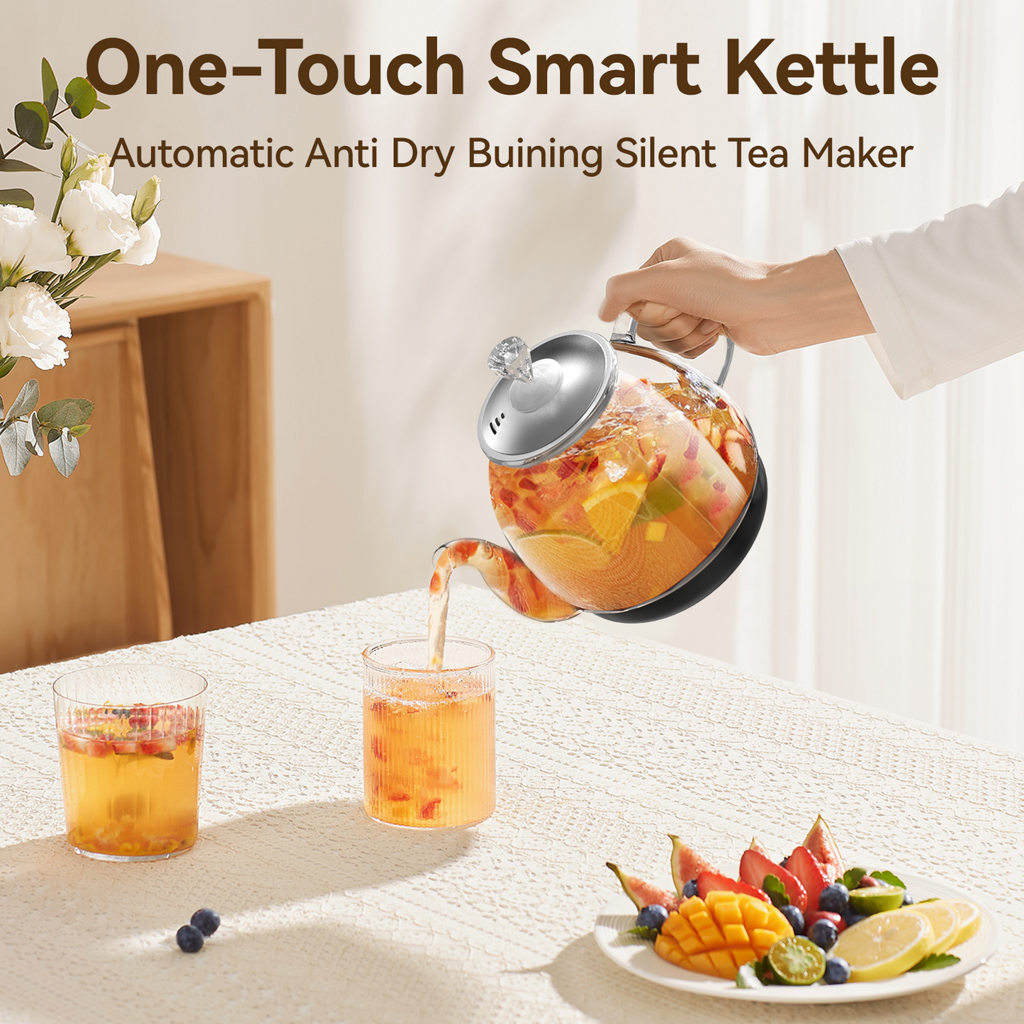 Tea Maker Electric Glass Kettle，Dual Methods of Steaming and Brewing with Temperature and Timer Programs，Cordless 800W 0.8 Liters capacity