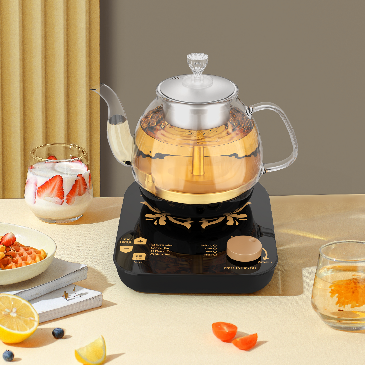 Tea Maker Electric Glass Kettle，Dual Methods of Steaming and Brewing with Temperature and Timer Programs，Cordless 800W 0.8 Liters capacity