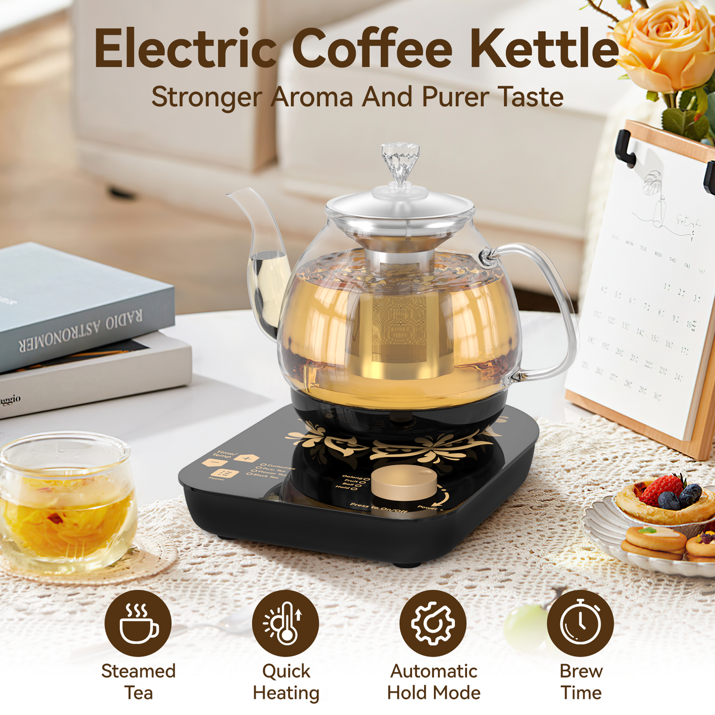 Tea Maker Electric Glass Kettle，Dual Methods of Steaming and Brewing with Temperature and Timer Programs，Cordless 800W 0.8 Liters capacity