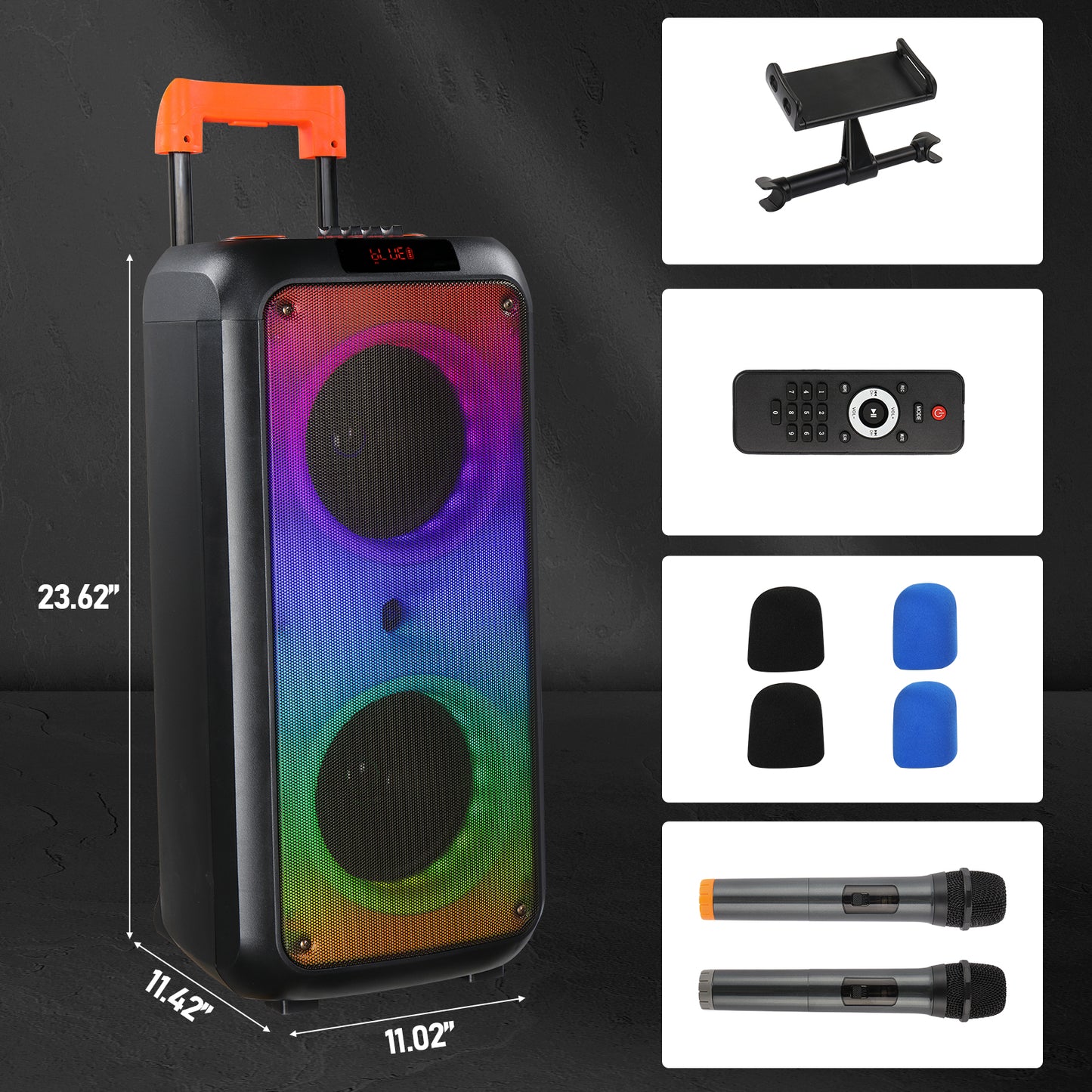 8in Wireless Portable Bluetooth Karaoke Speaker with TF/USB/AUX/FM/TWS, LED Disco Light, Bluetooth 5.0