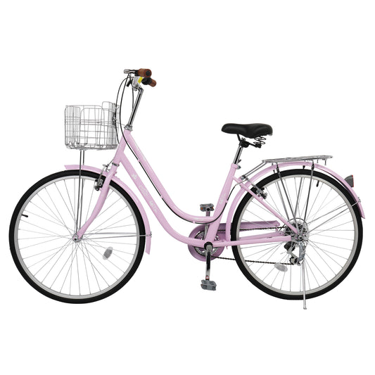 26in 150kg High Carbon Steel V Brake 7 Speed Commuter Bike Pink