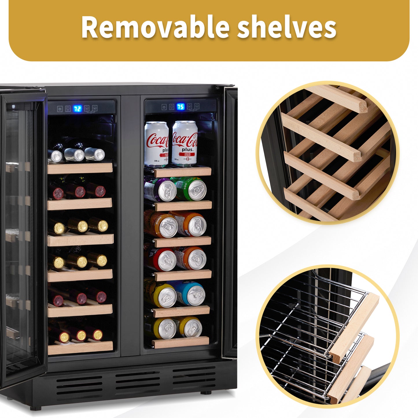 Dual Zone Wine and Beverage Refrigerator, 34 Bottle Wine Fridge with Independent Temperature Control & Glass Door, Built-in/Freestanding/Under Counter Wine Cooler Chiller for Wine Champagne Beer