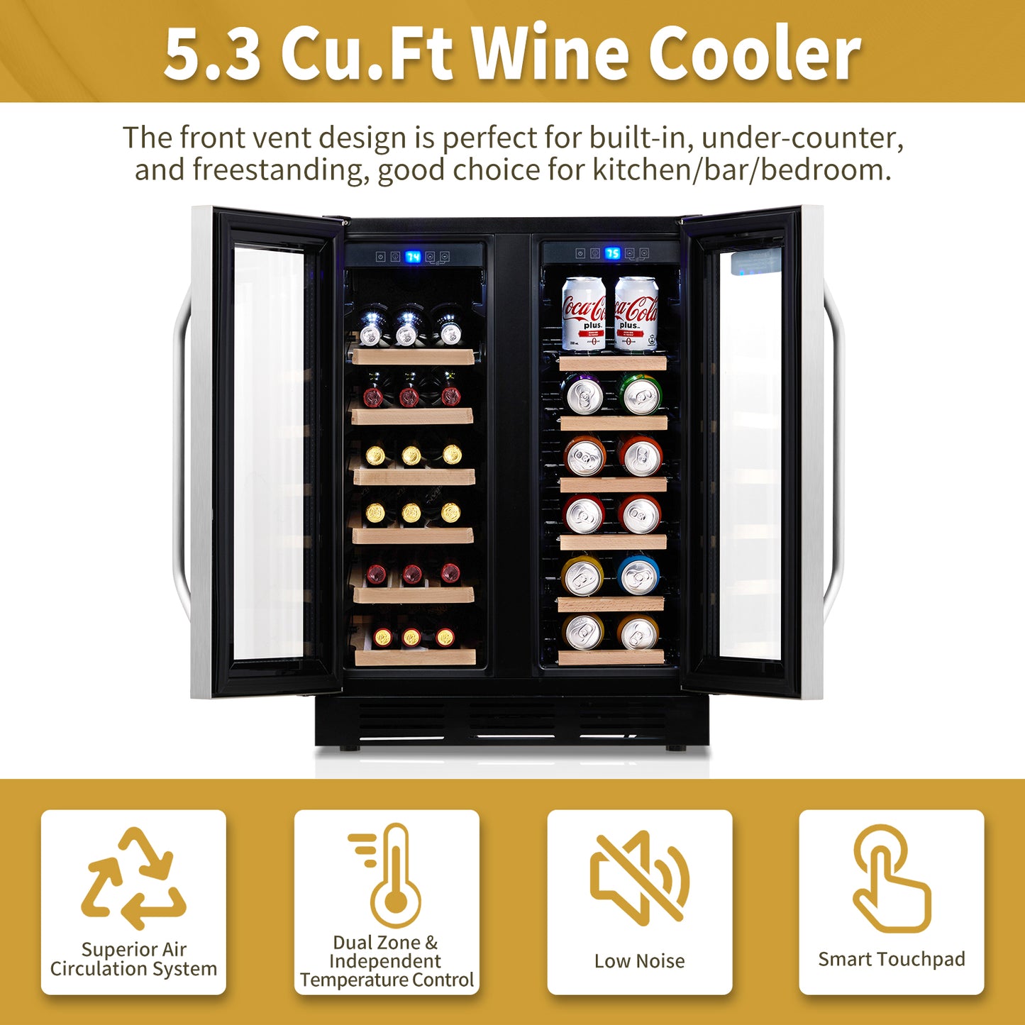 Dual Zone Wine and Beverage Refrigerator, 34 Bottle Wine Fridge with Independent Temperature Control & Glass Door, Built-in/Freestanding/Under Counter Wine Cooler Chiller for Wine Champagne Beer