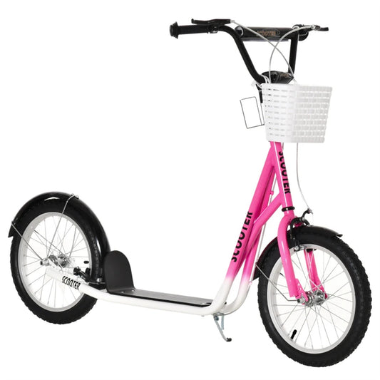 Scooter with Adjustable Handlebars and plastic basket  16" Inflatable Rubber Tires - Pink