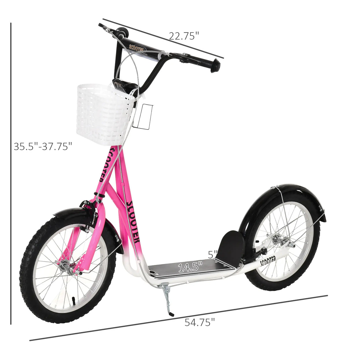 Scooter with Adjustable Handlebars and plastic basket  16" Inflatable Rubber Tires - Pink