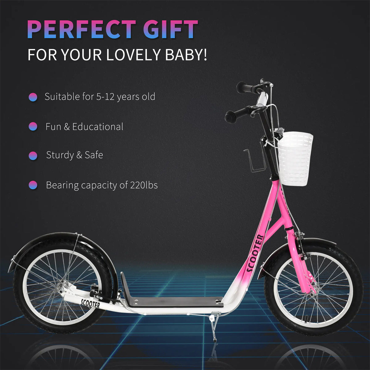 Scooter with Adjustable Handlebars and plastic basket  16" Inflatable Rubber Tires - Pink